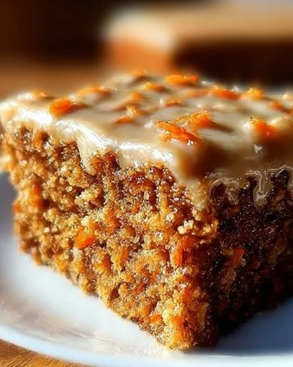 A slice of quick flourless carrot cake with cream cheese frosting on a plate.