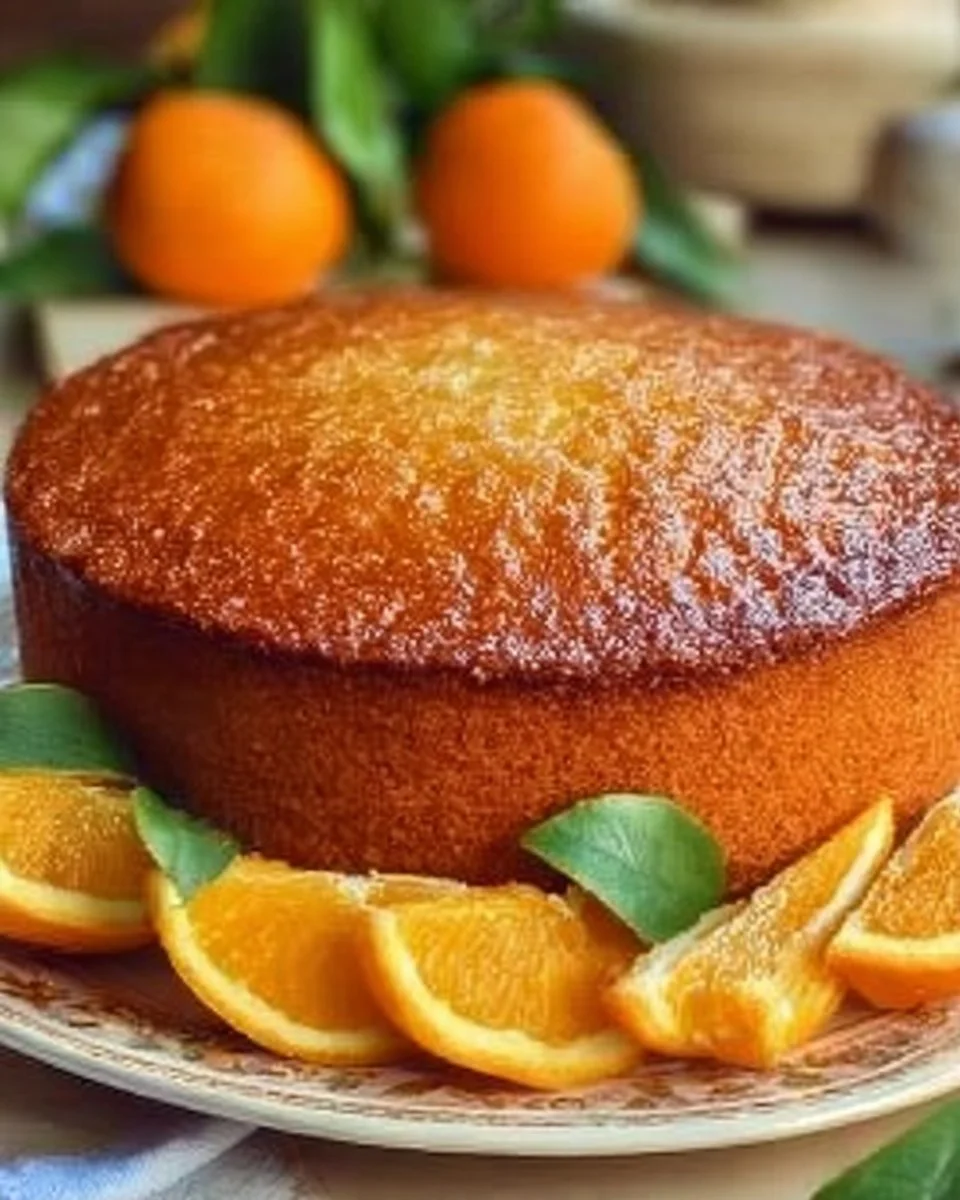 Sicilian Whole Orange Cake topped with orange slices on a white plate