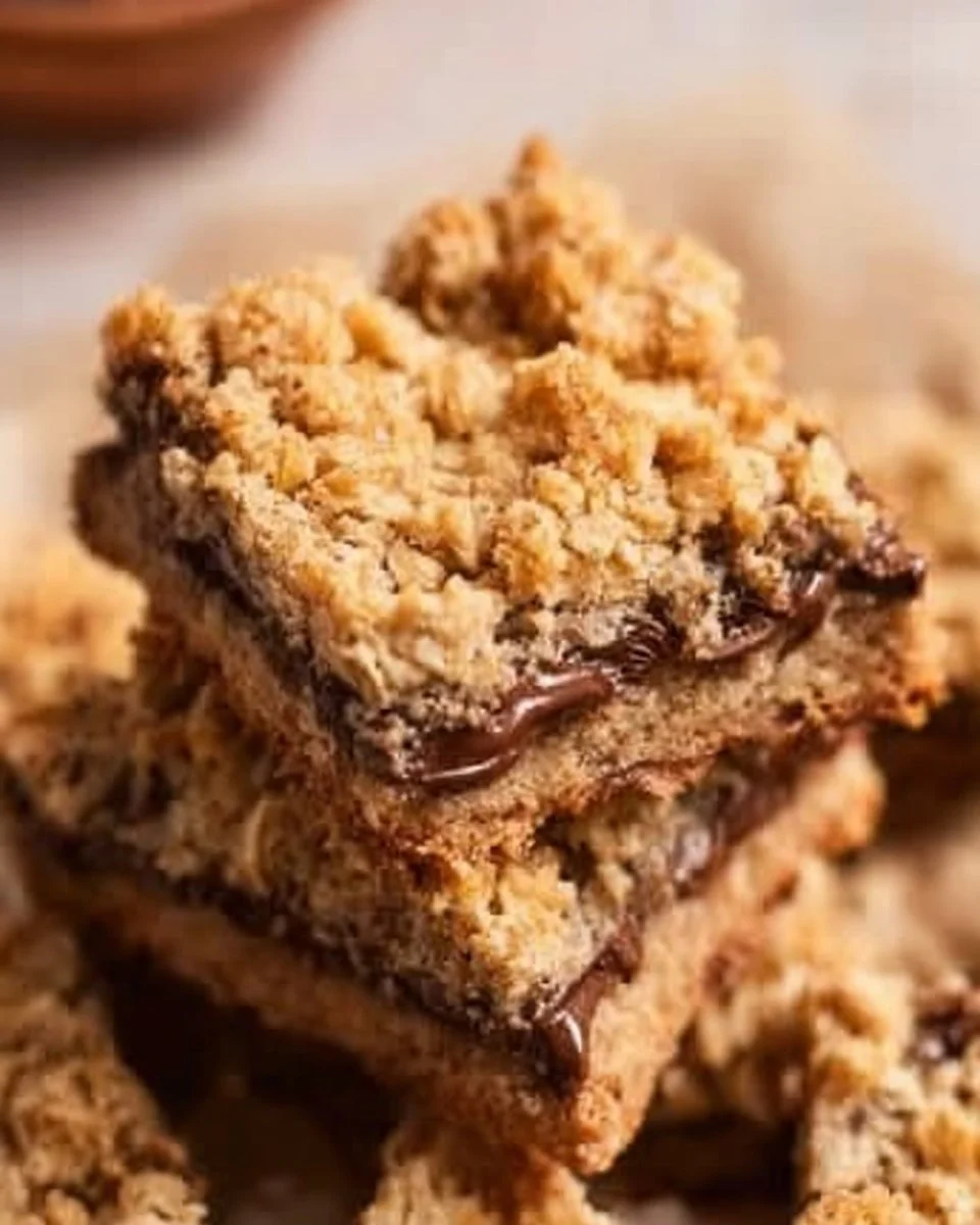 Delicious Nutella Oat Bars stacked on a wooden board