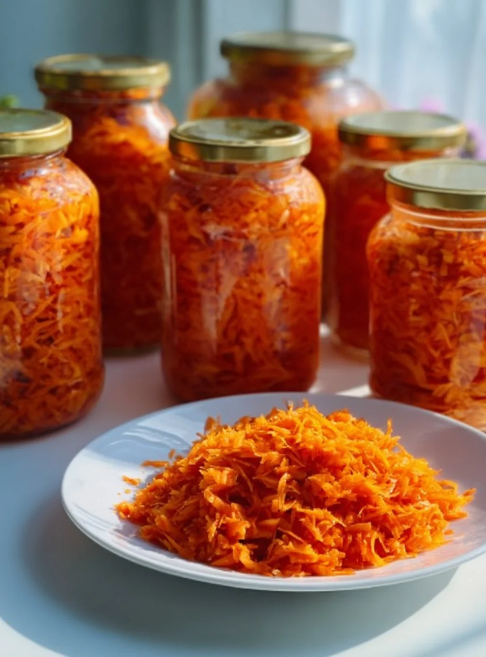 A jar of spicy pepper and carrot pickle showcasing vibrant colors and textures.