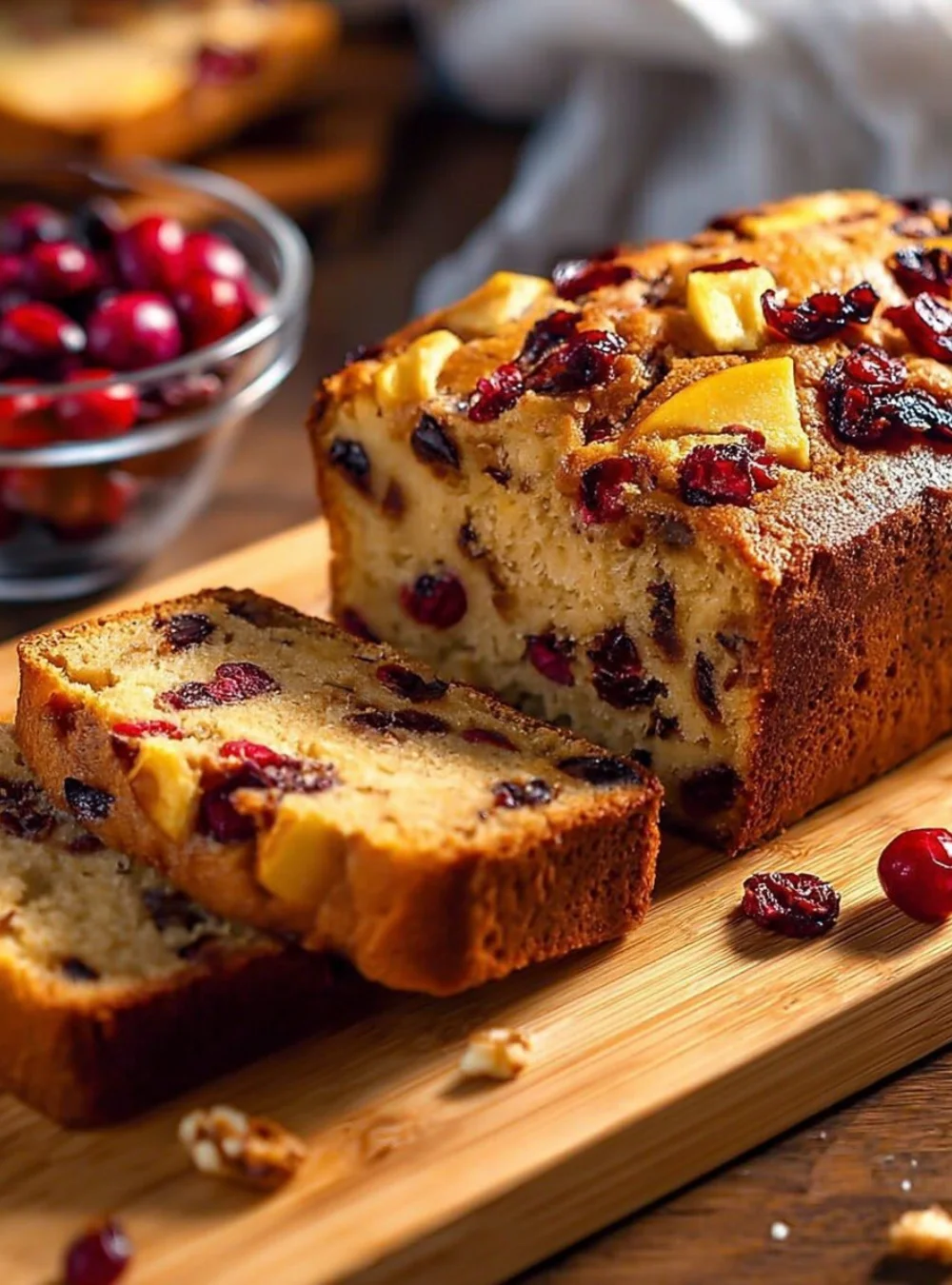 Freshly baked sugar-free oatmeal apple bread loaf with slices
