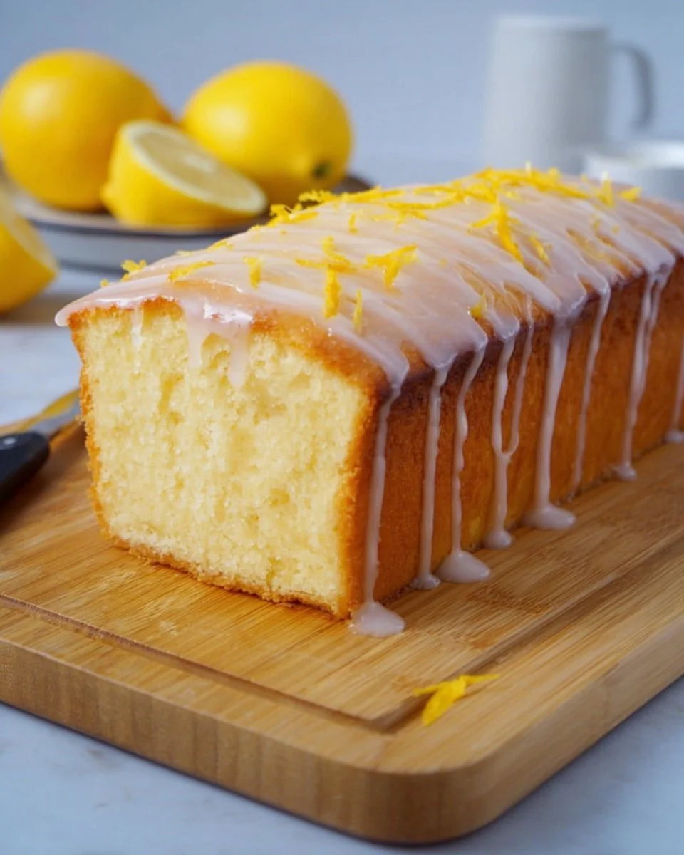 Super moist and velvety lemon loaf cake on a plate with lemon slices