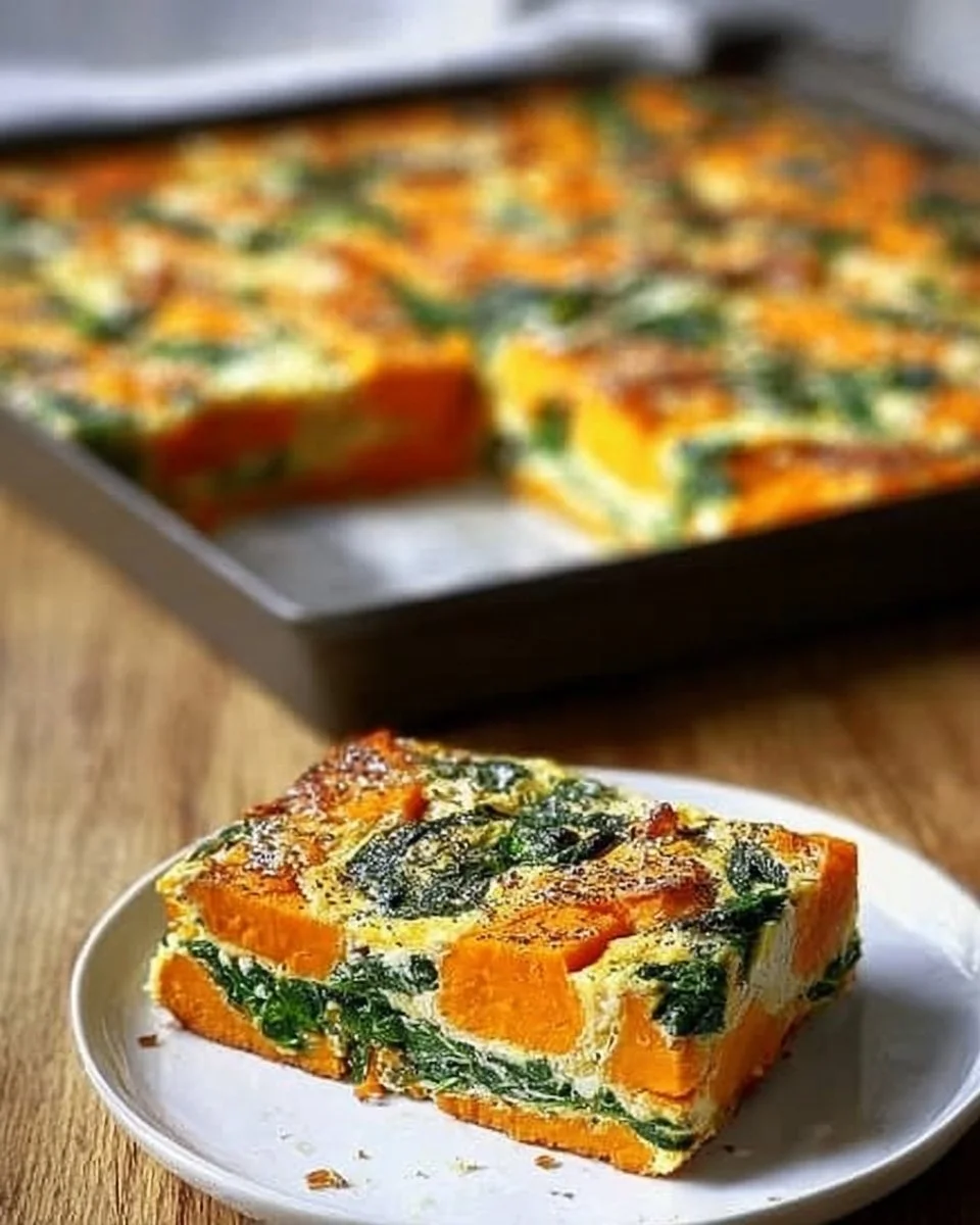 Sweet Potato and Spinach Egg Bake served in a casserole dish
