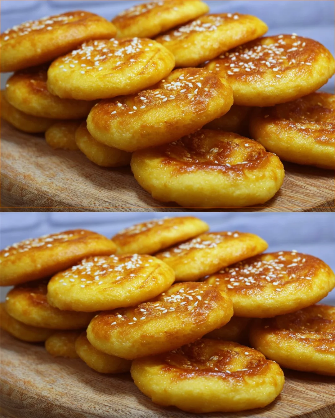 Delicious sweet potato cakes topped with icing on a wooden table.