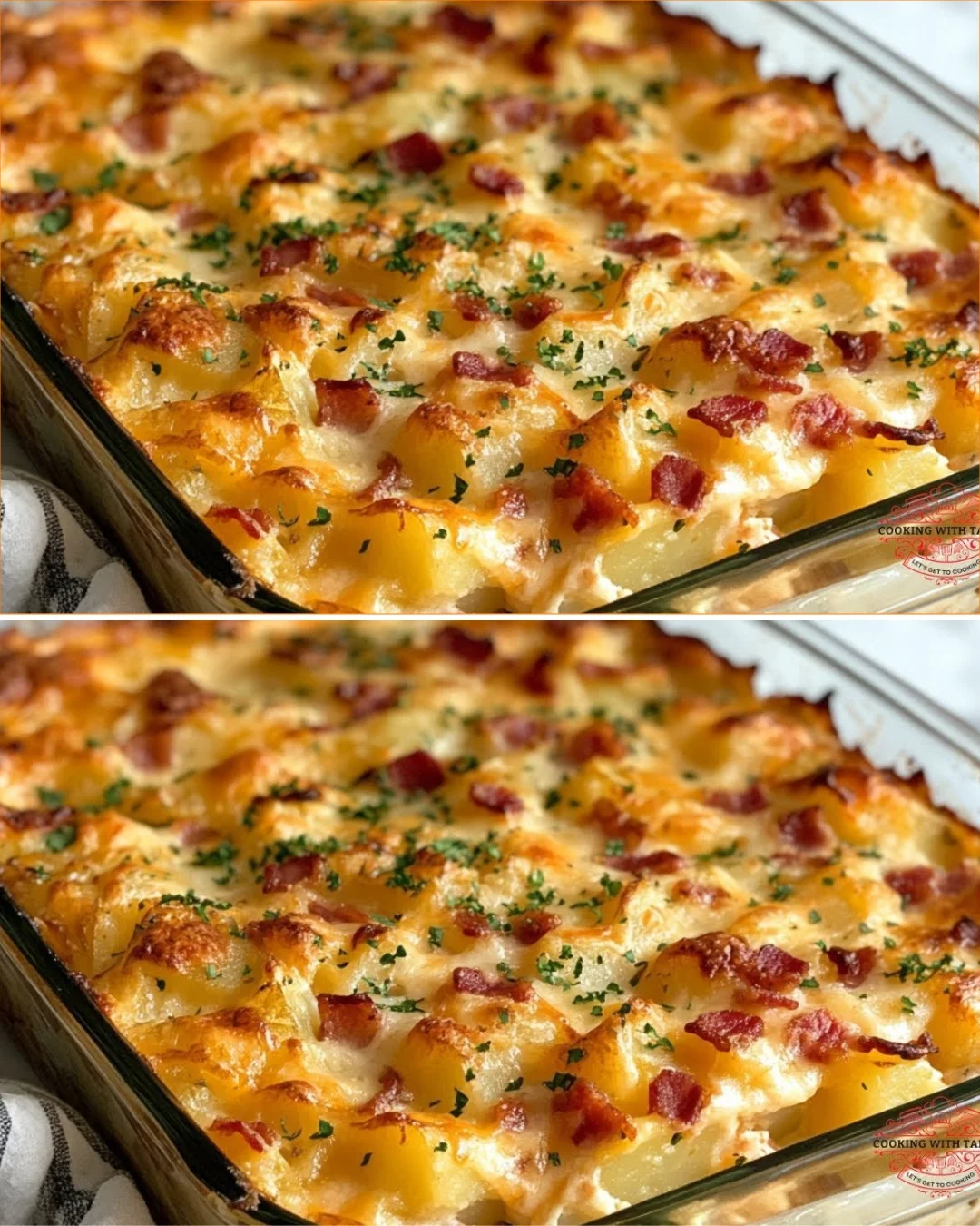 Delicious loaded baked potato casserole topped with cheese and green onions
