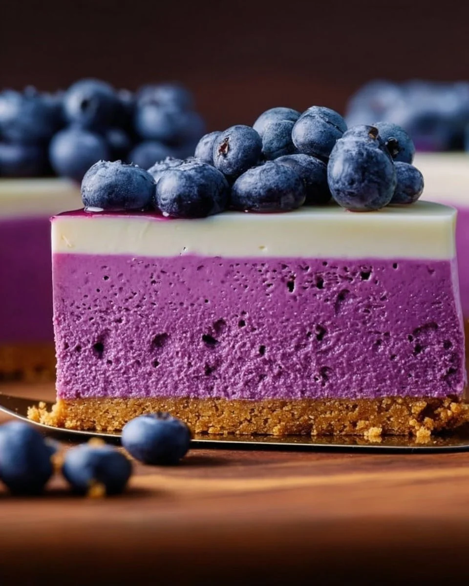 Delicious no-bake blueberry cheesecake topped with fresh blueberries