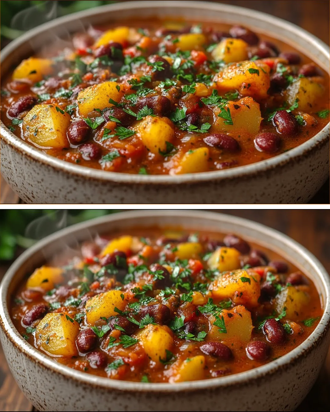 Bowl of hearty Vegan Goulash with colorful vegetables and herbs