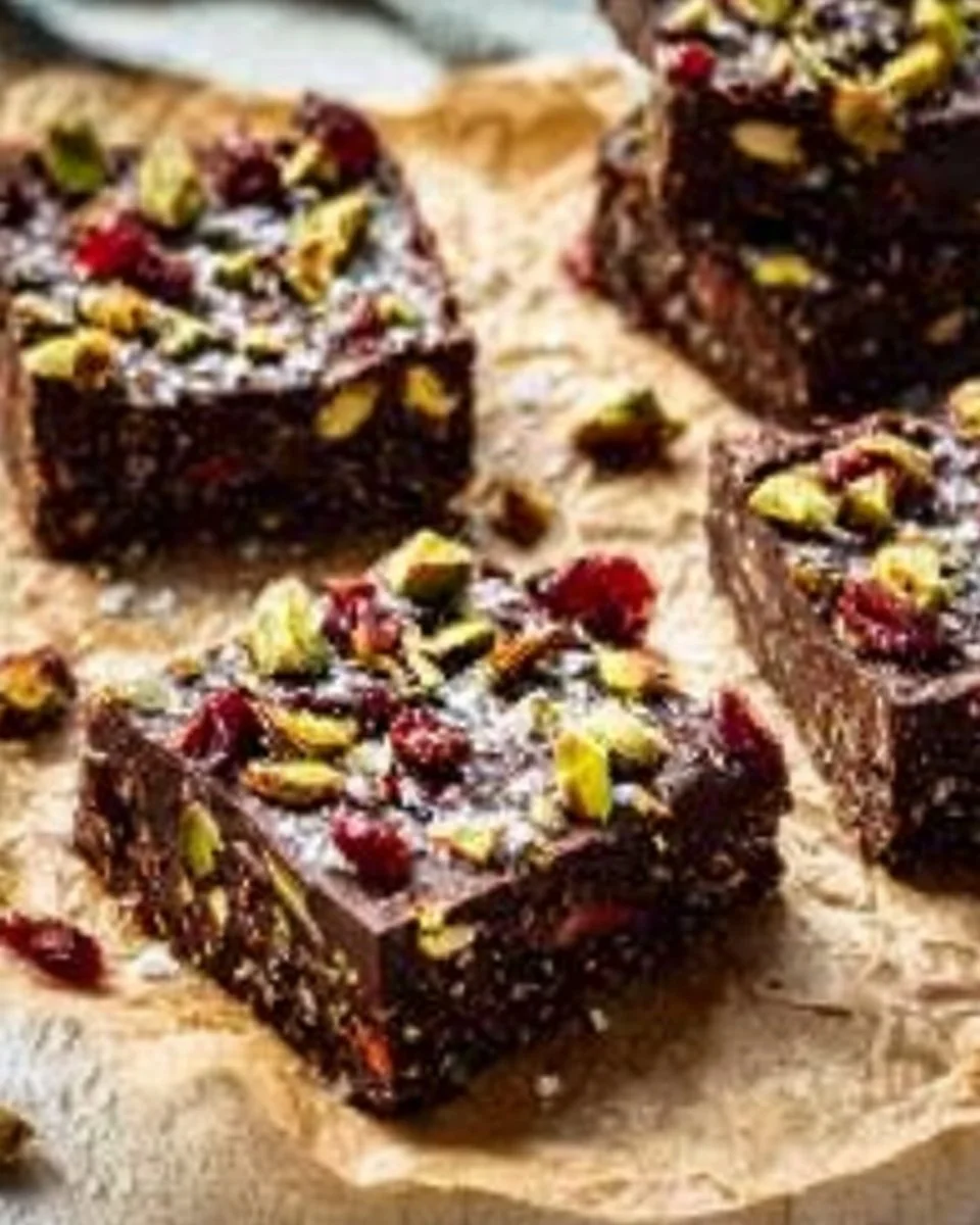Delicious vegan no bake superfood brownies topped with nuts and cocoa