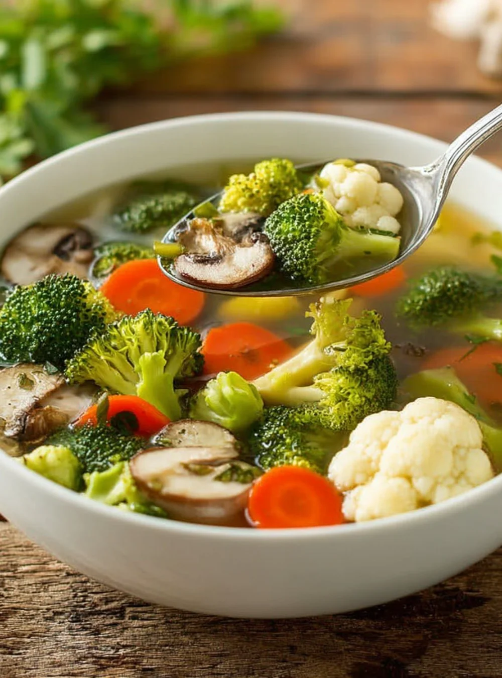 Bowl of hearty vegetable soup with colorful vegetables and herbs