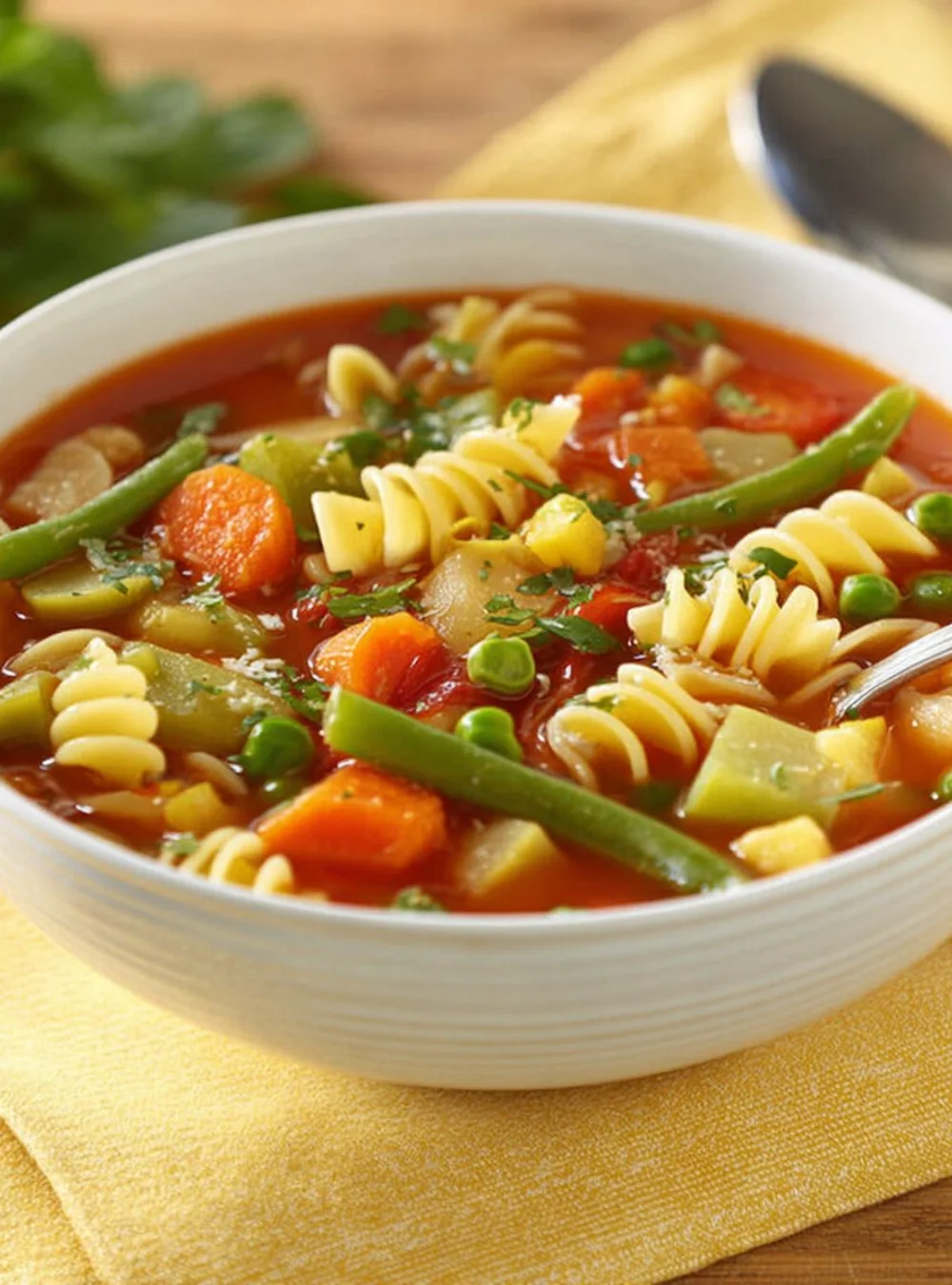 Bowl of homemade vegetable soup with fresh vegetables and herbs