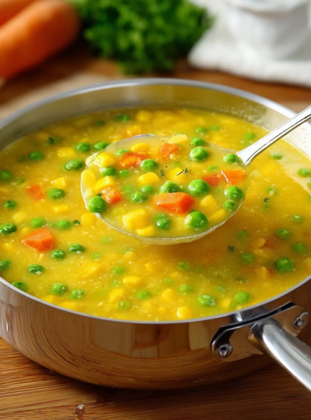 Bowl of colorful vegetable soup with fresh ingredients and herbs