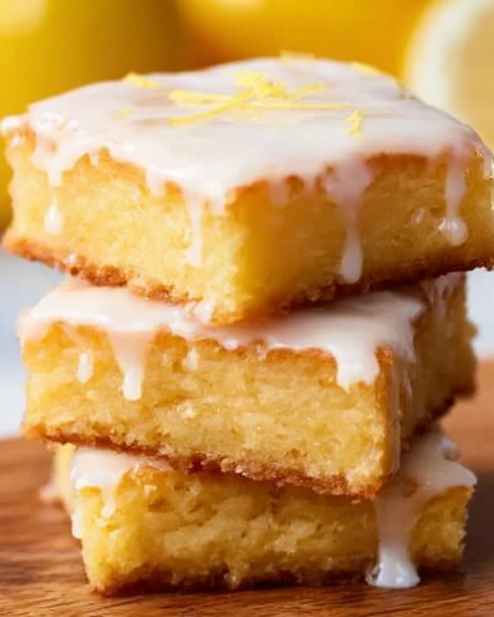 Delicious viral lemon brownies on a plate with lemon slices