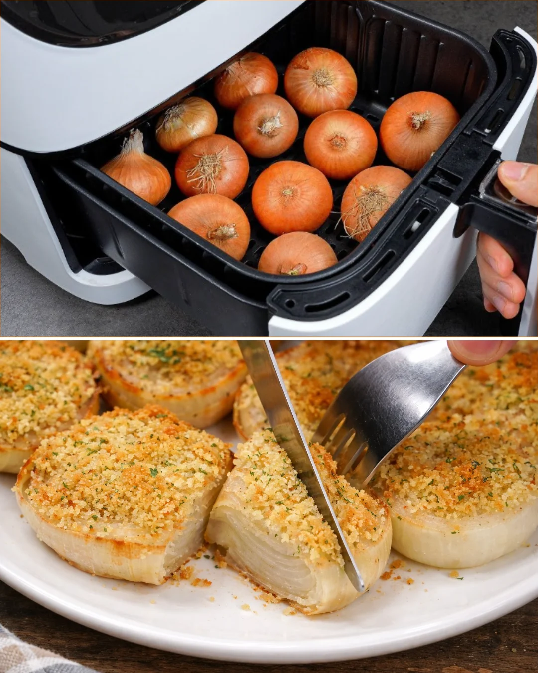 Deliciously cooked air fryer onions, golden and crispy, ready to elevate your dishes.