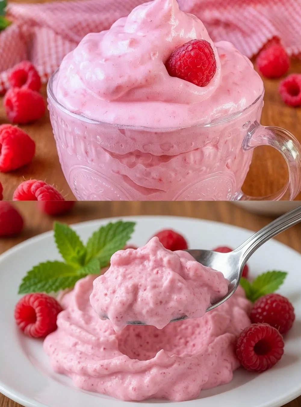 Delicious 2-ingredient raspberry mousse served in a elegant dessert bowl.