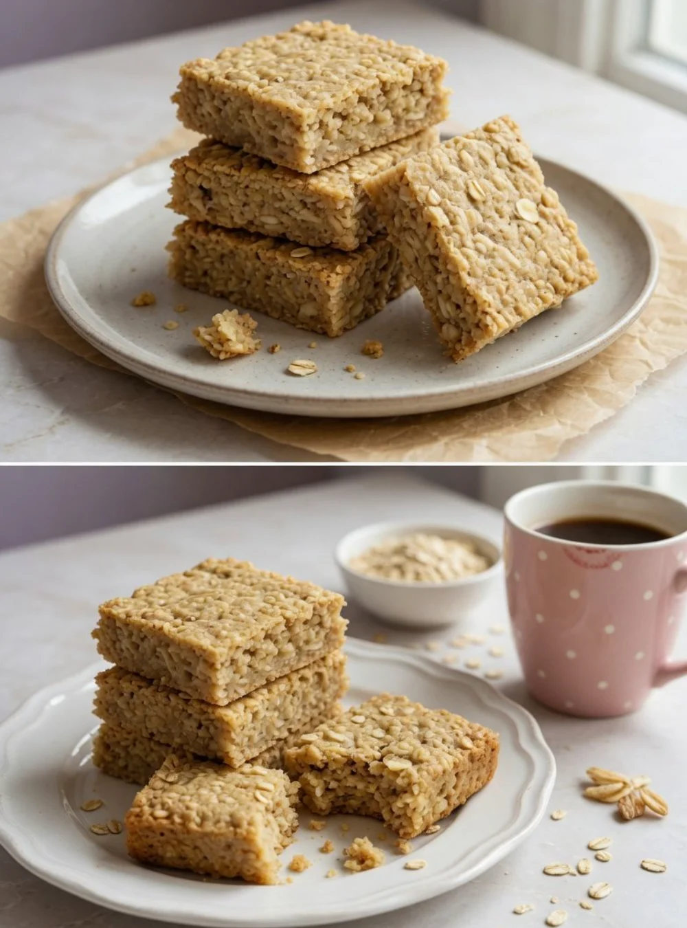 3 Ingredient Coconut Oatmeal Bars on a wooden plate