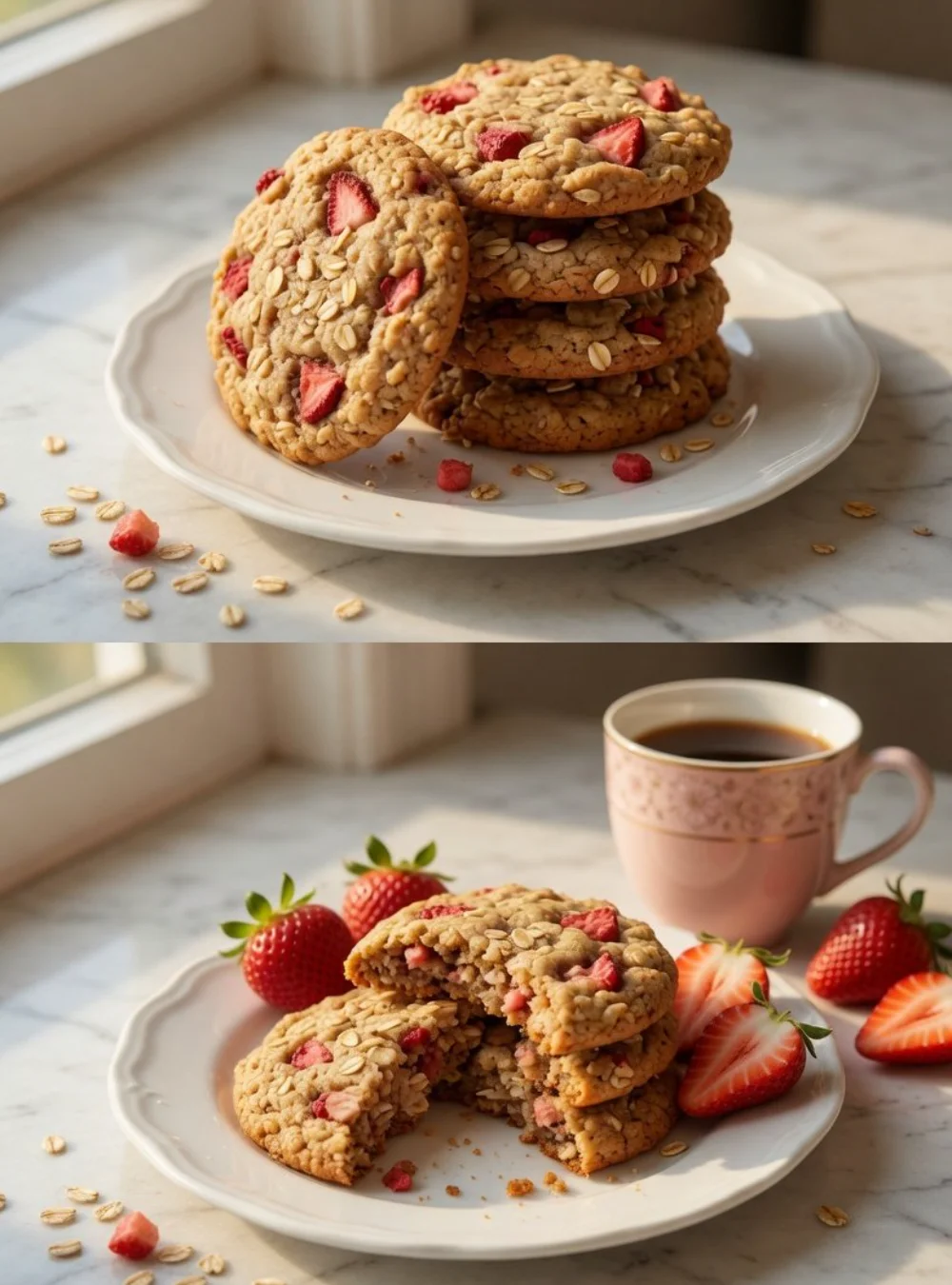 Delicious 3 ingredient strawberry oatmeal cookies on a baking tray.