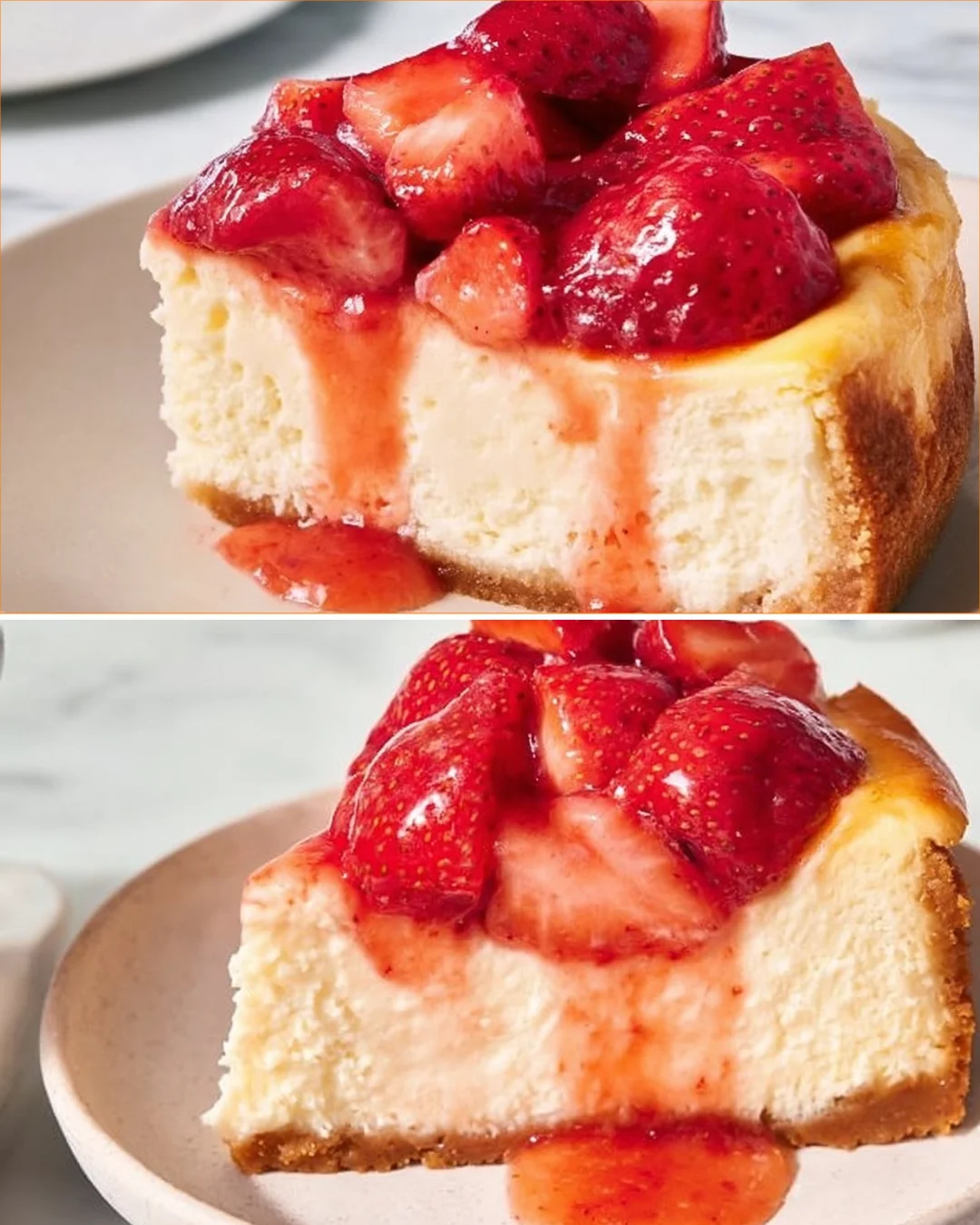 Slice of delicious strawberry cheesecake topped with fresh strawberries