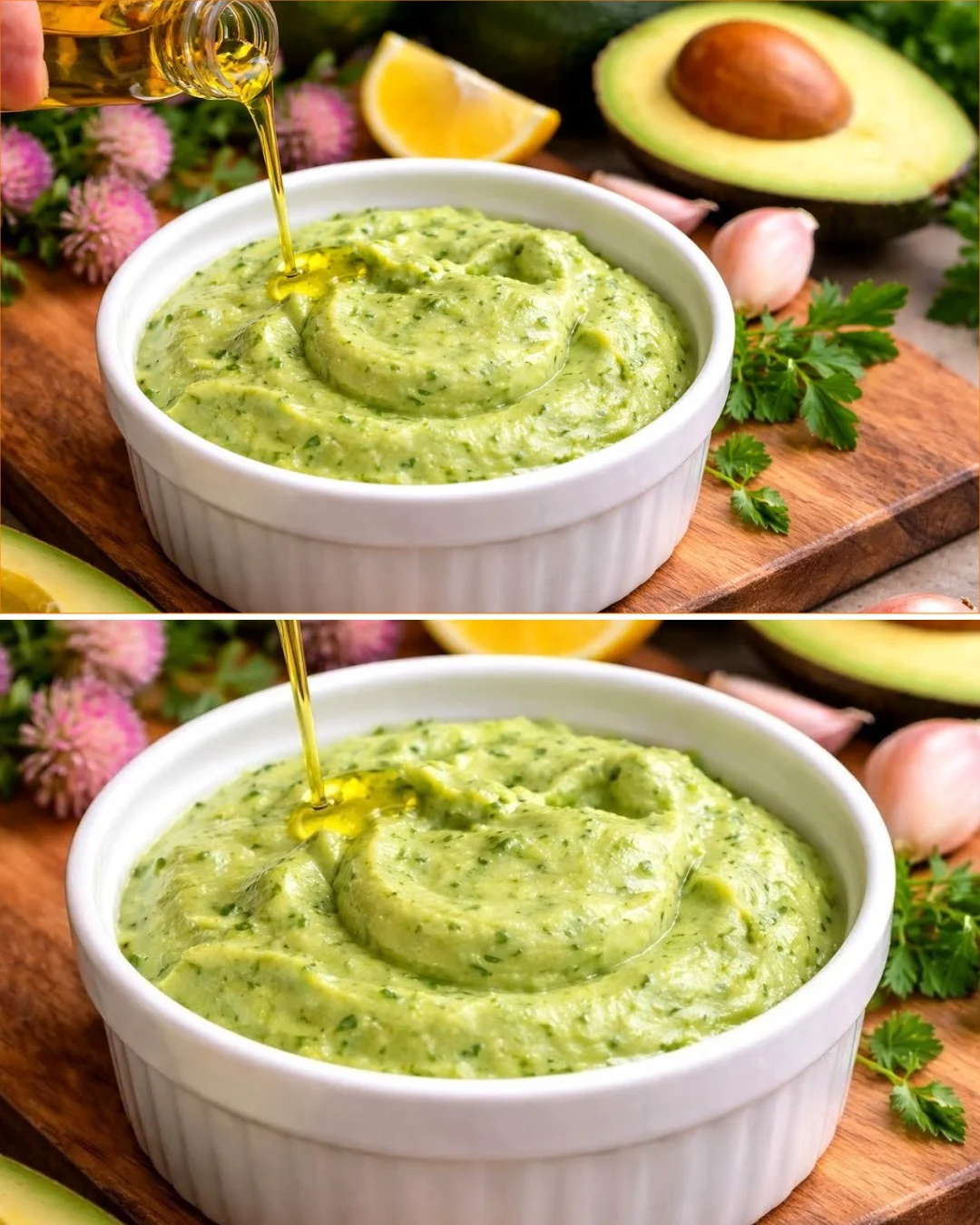 Creamy Avocado Mayo with Roasted Red Pepper Hummus served in a bowl.