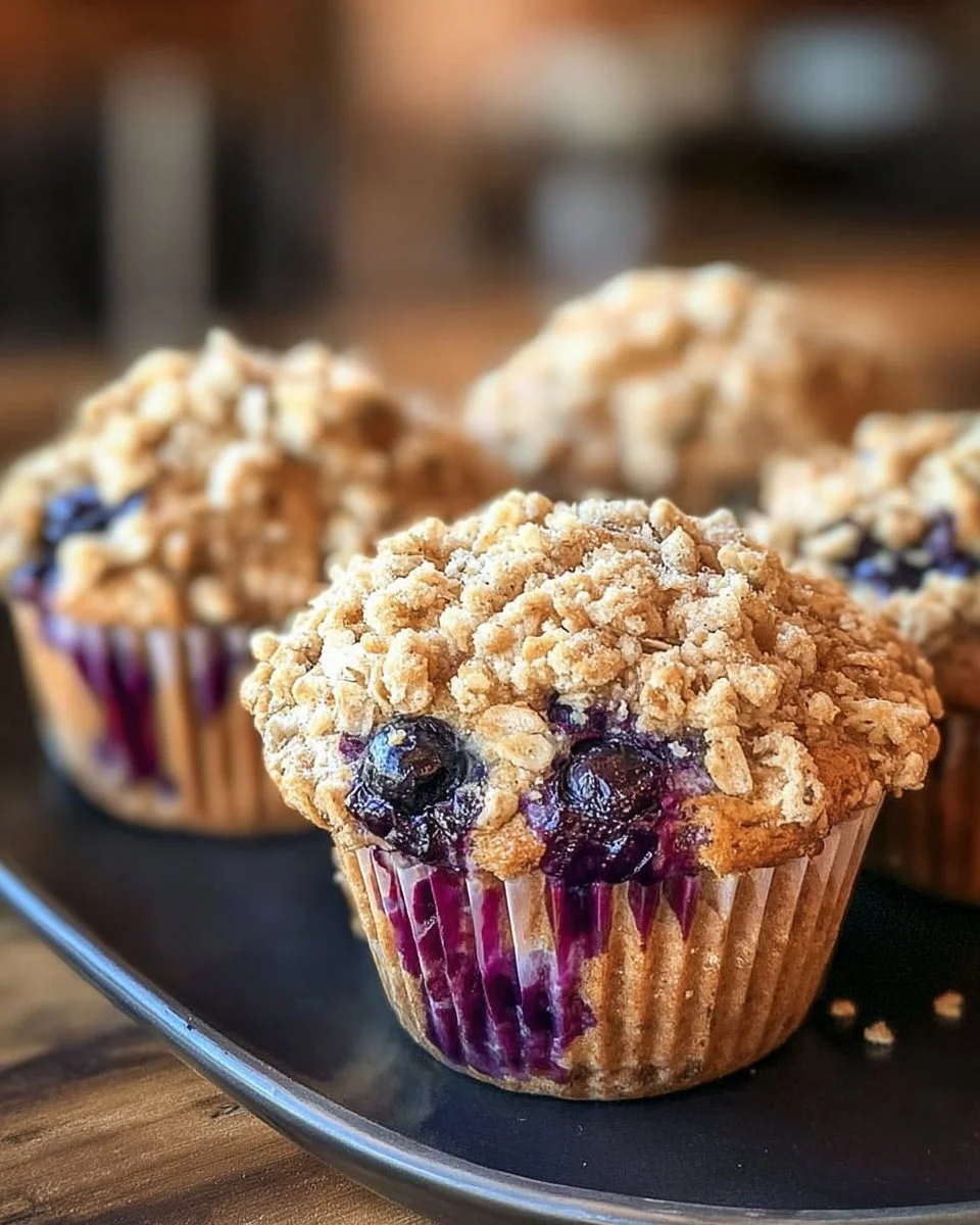 Freshly baked blueberry oat muffins on a cooling rack