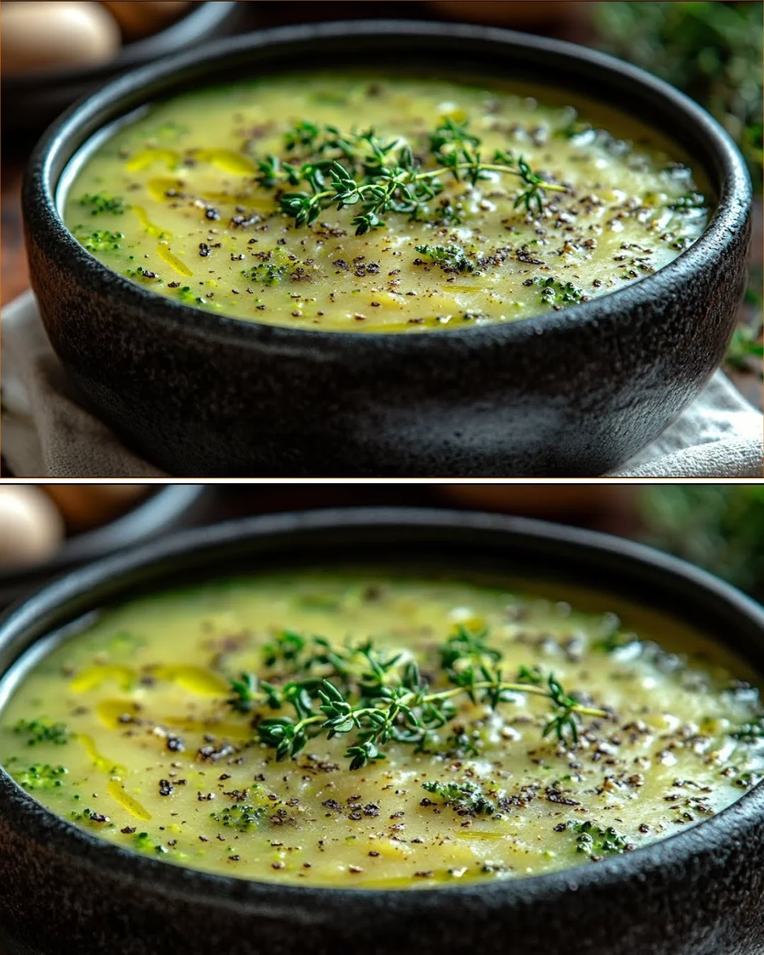 Bowl of creamy broccoli garlic soup garnished with fresh herbs and garlic cloves.