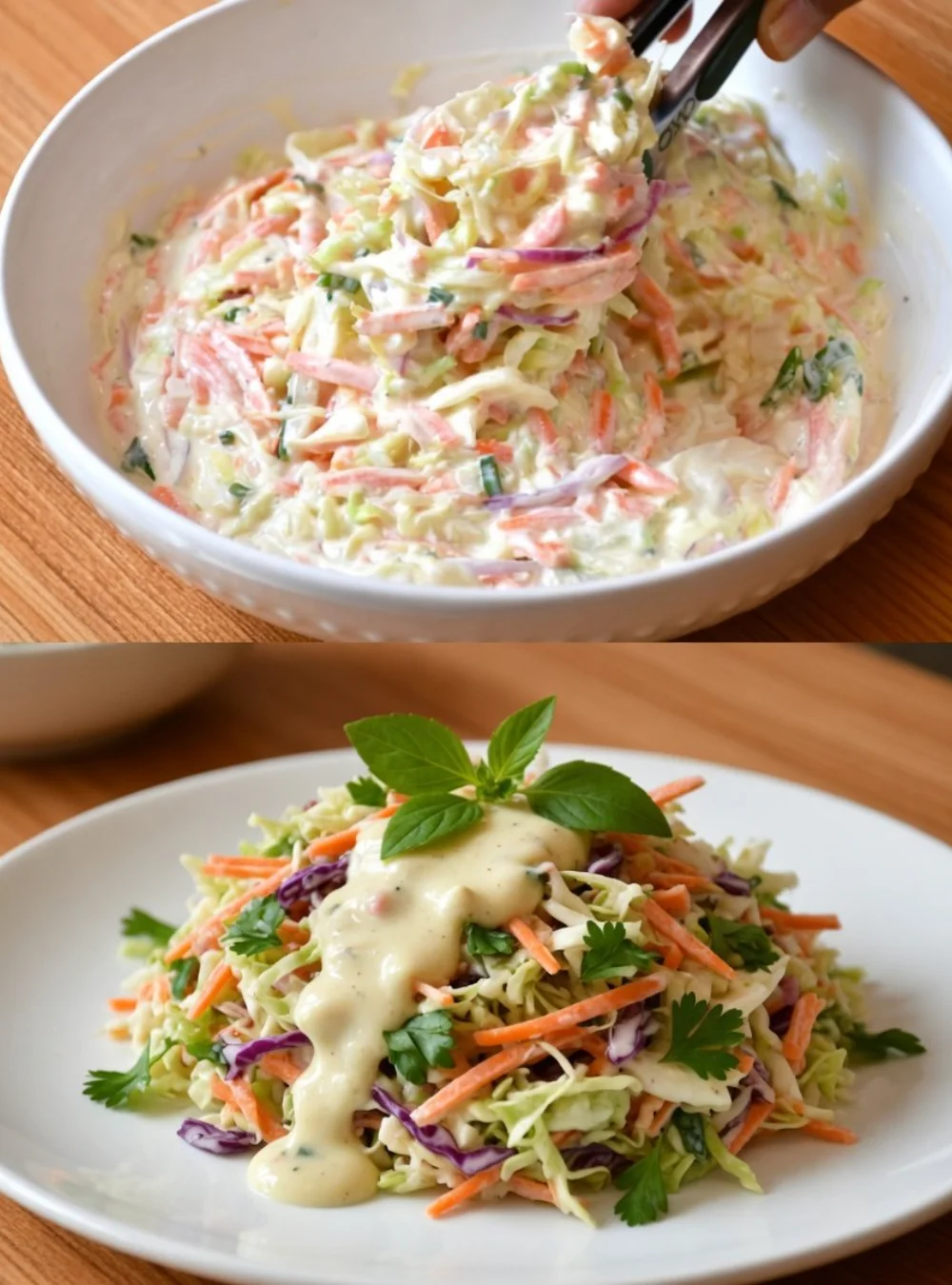 Cabbage and Carrot Salad with creamy dressing served in a bowl