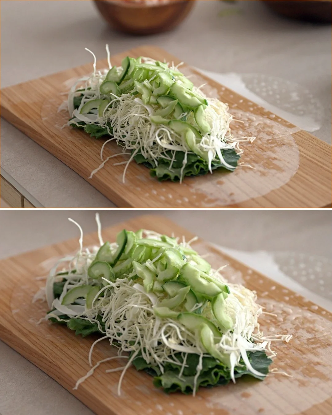 Crisp cabbage and cucumber wraps prepared for a fresh and healthy dinner option
