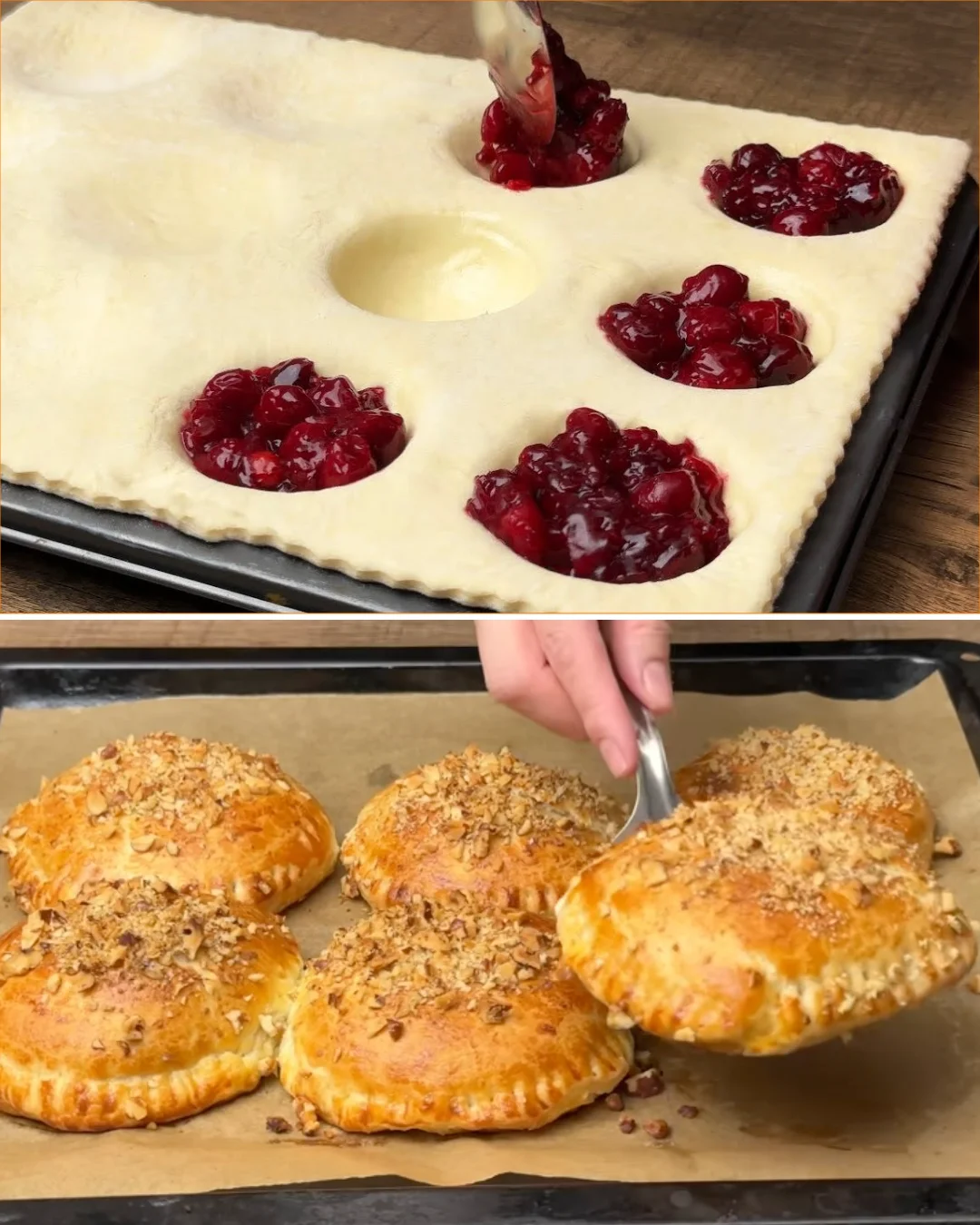 Delicious cherry puff pastry dessert with flaky crust and juicy cherry filling.