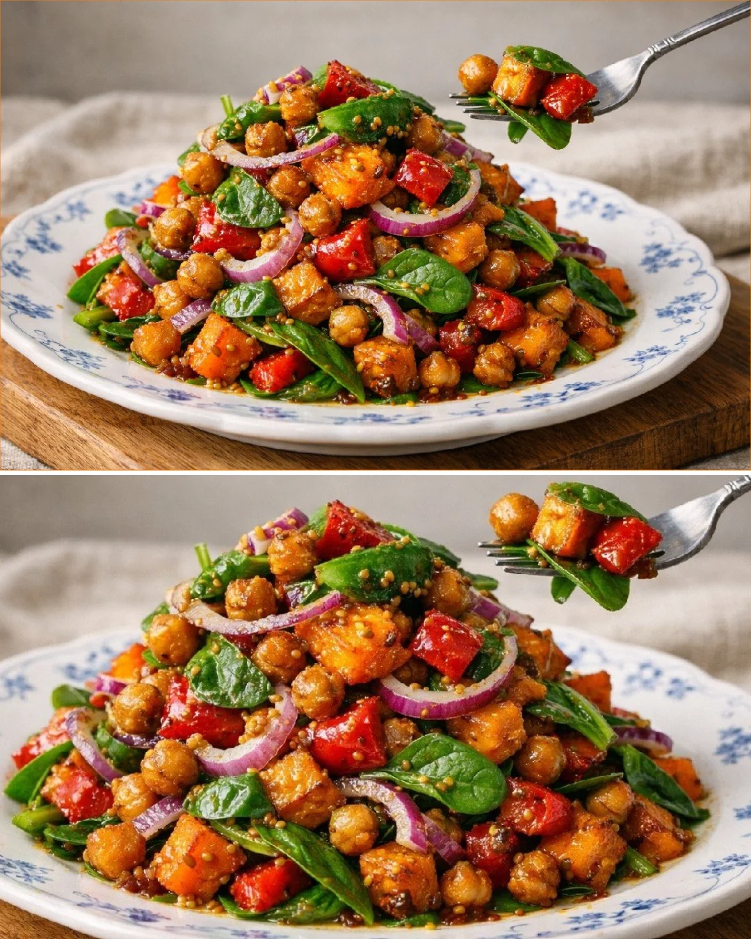 Chickpea and sweet potato salad served in a bowl with fresh herbs.