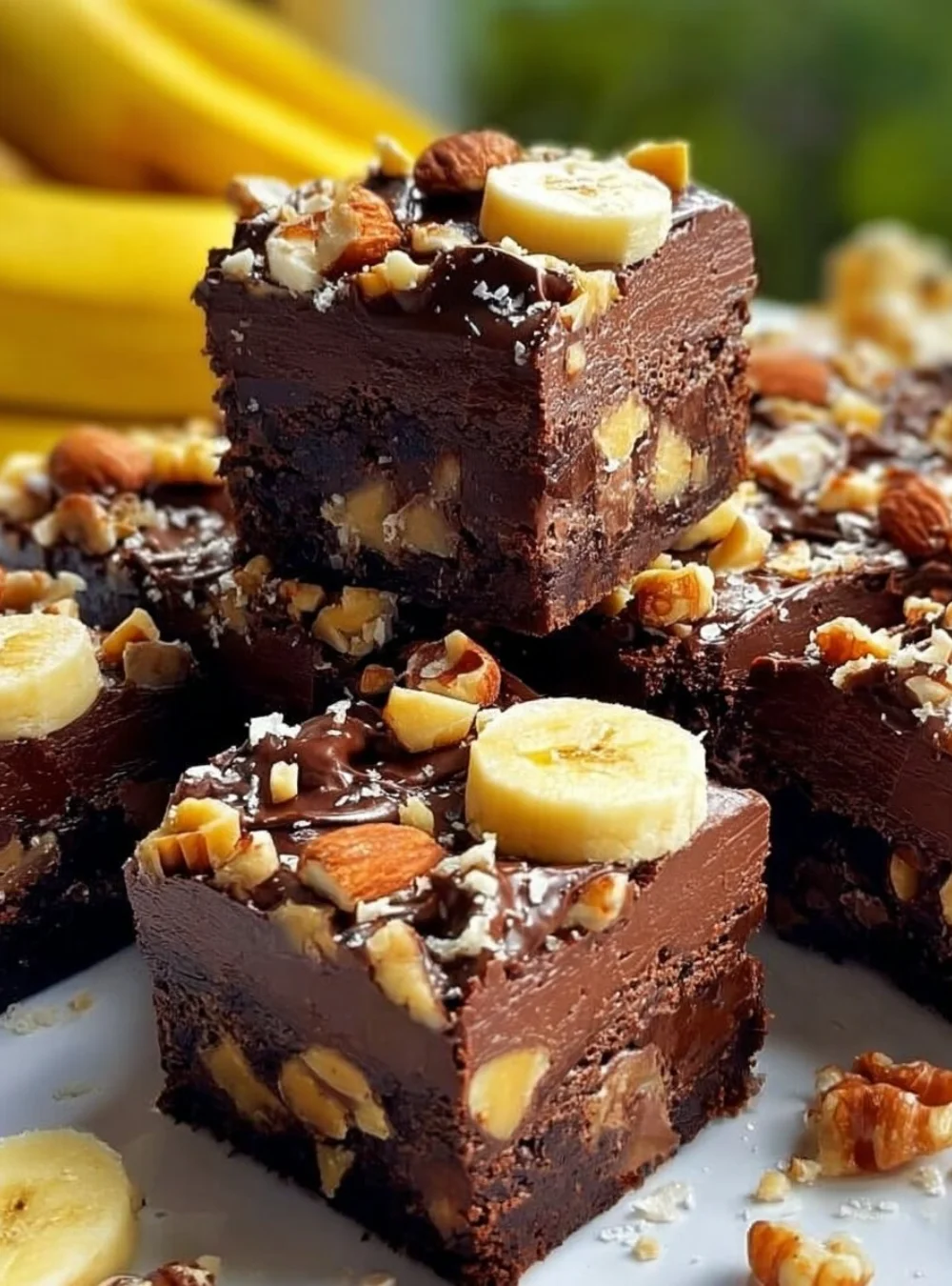 Delicious chocolate-banana brownies with nuts served on a plate