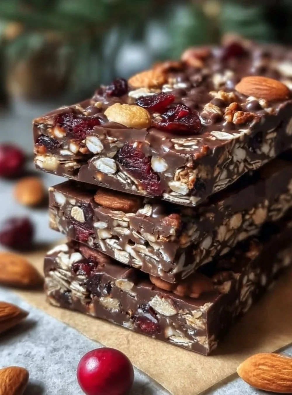 Homemade Chocolate Oatmeal Energy Bars with ingredients on a kitchen countertop