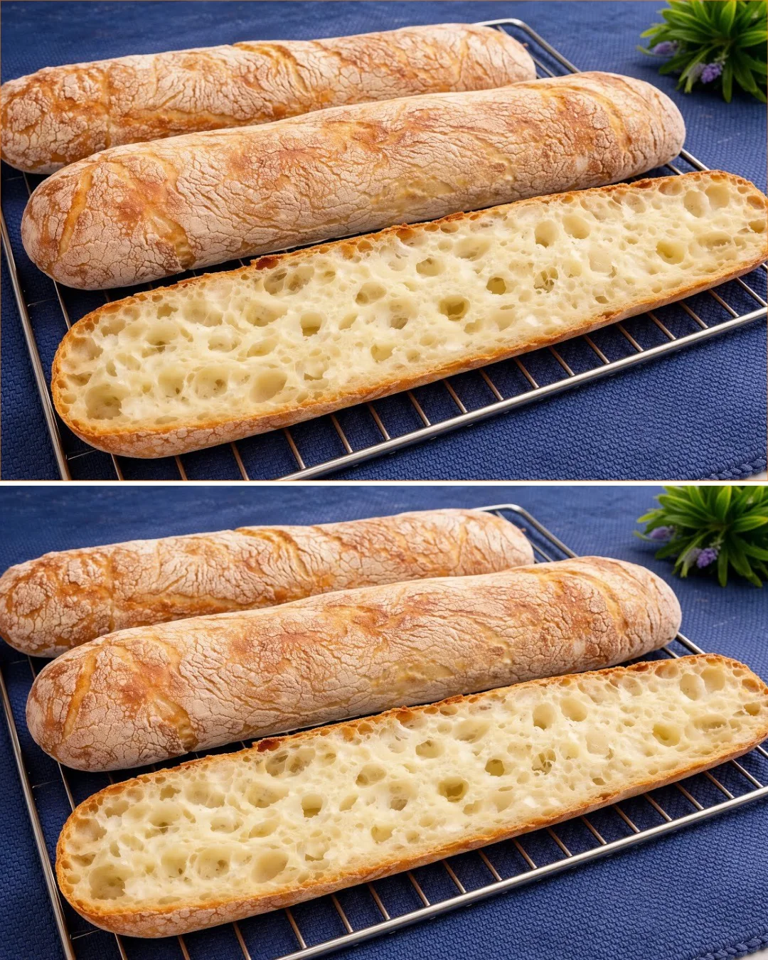Freshly baked ciabatta bread with a golden crust and airy interior.