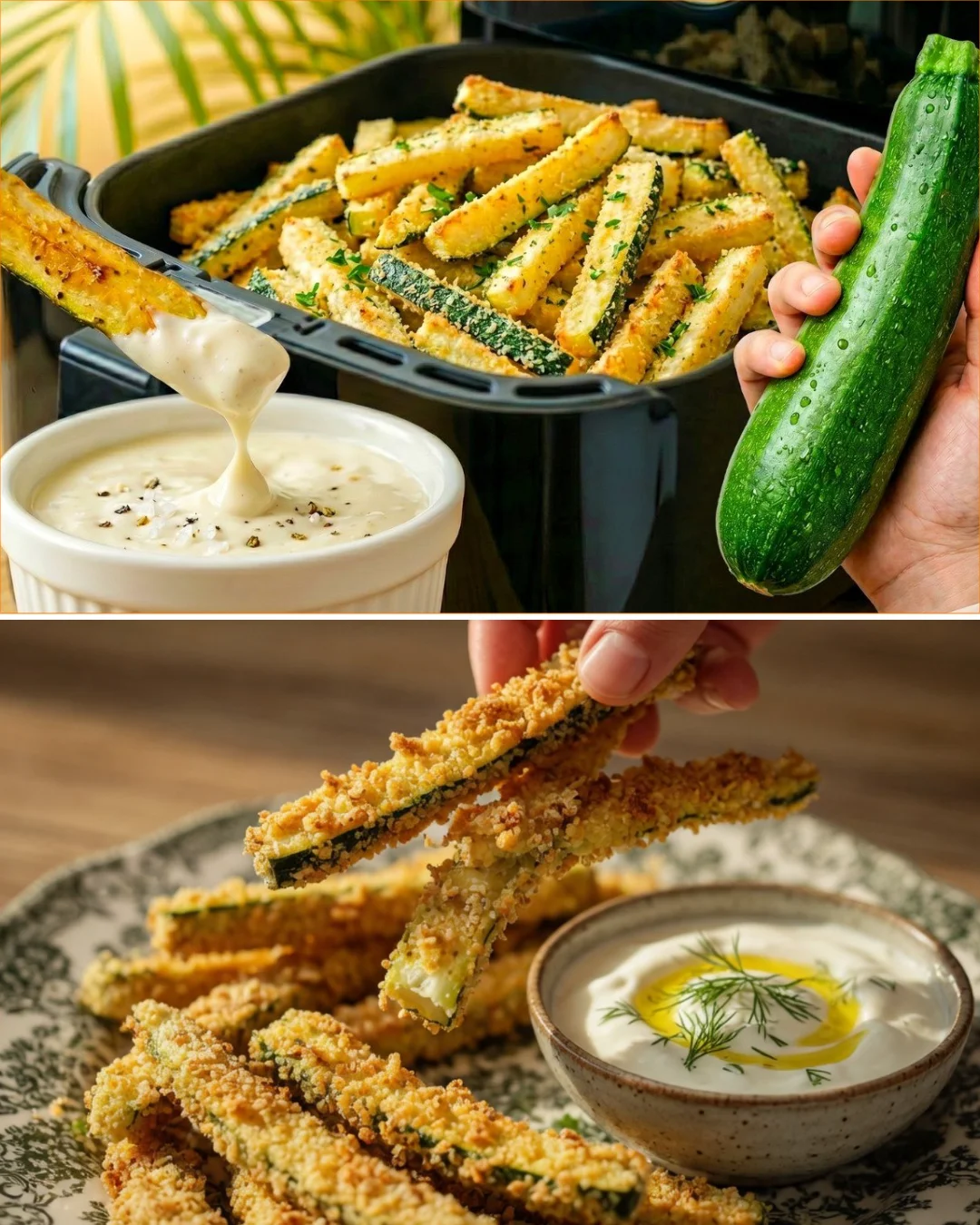 Crispy air fryer zucchini fries served with yogurt sauce