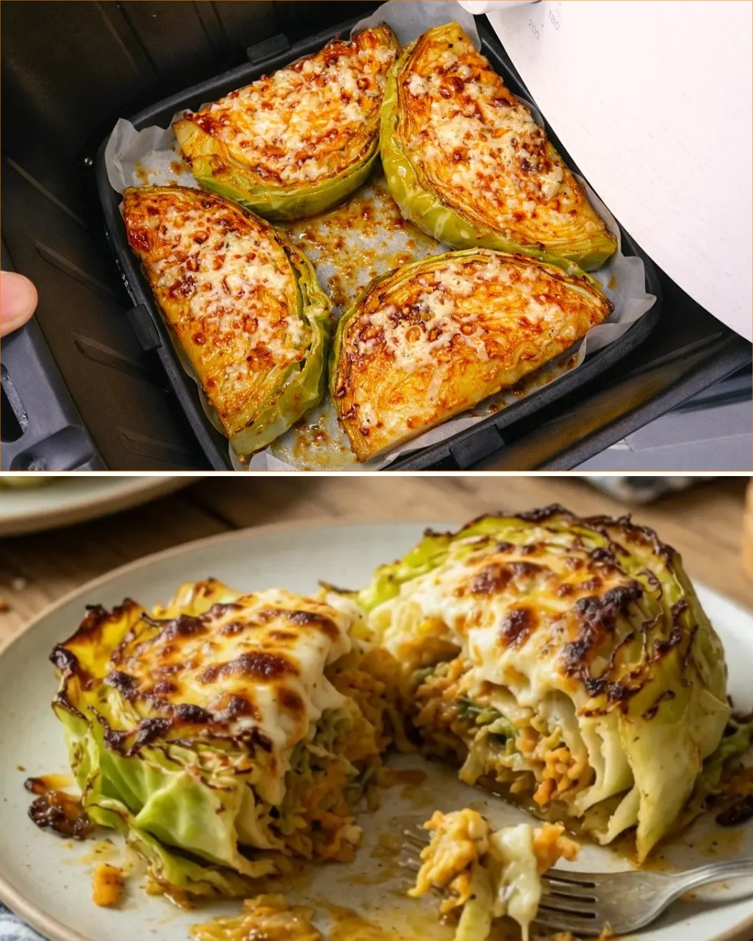 Crispy cheesy air-fried cabbage on a plate, served as a delicious side dish.