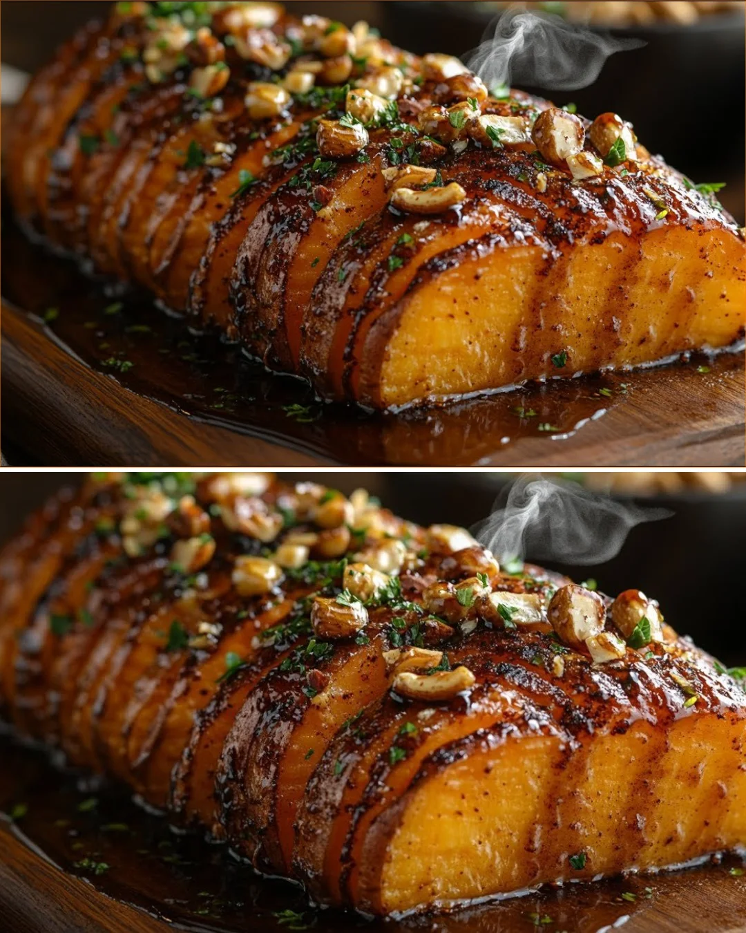 Crispy sweet potato fans drizzled with chili honey glaze on a plate