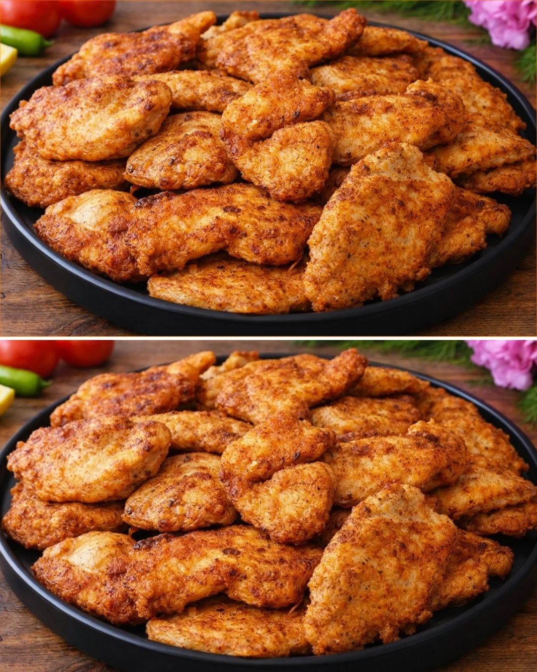 Delicious crispy chicken breast served with fresh herbs and sides.