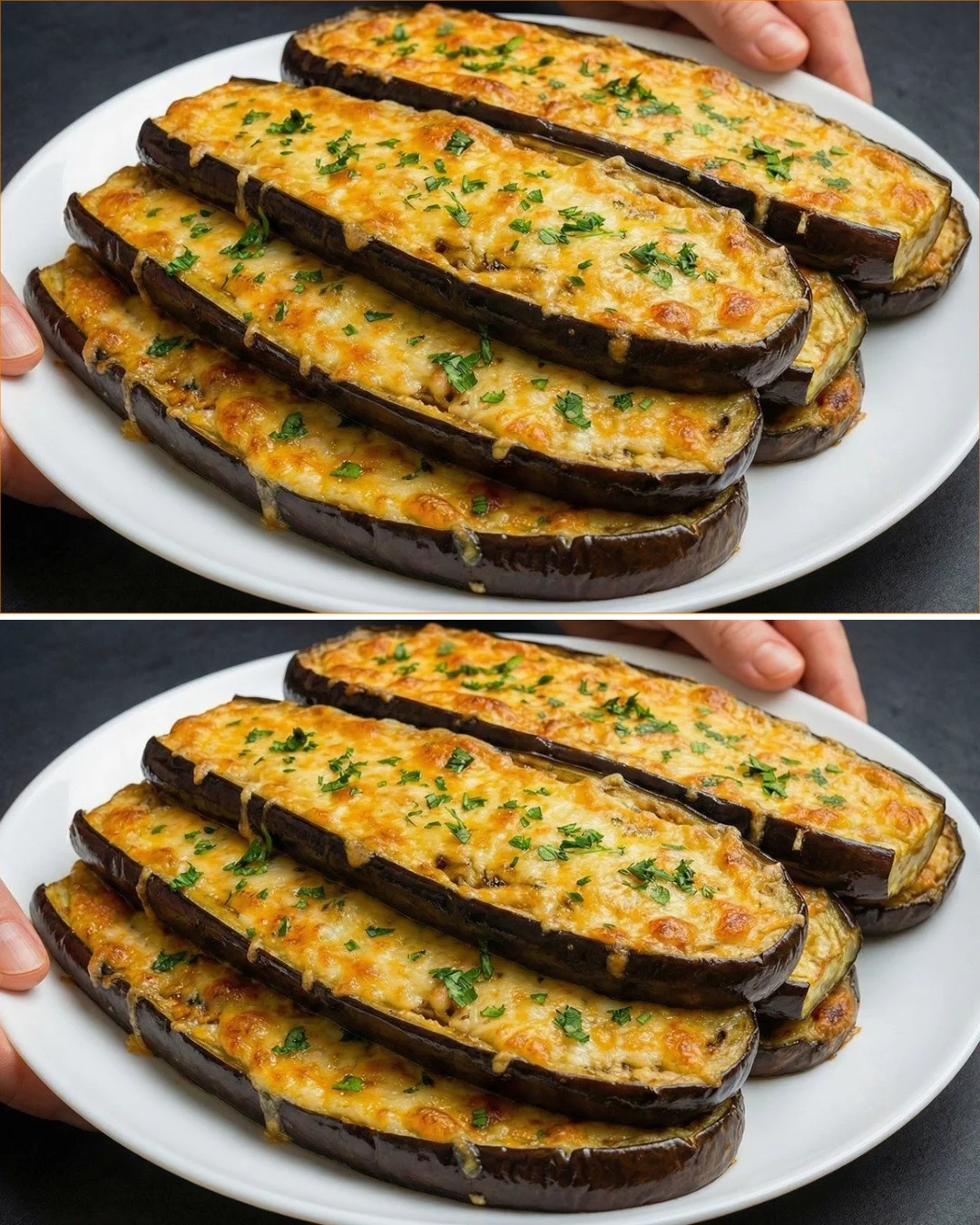 Deliciously baked eggplant topped with cheese and herbs, ready to serve.