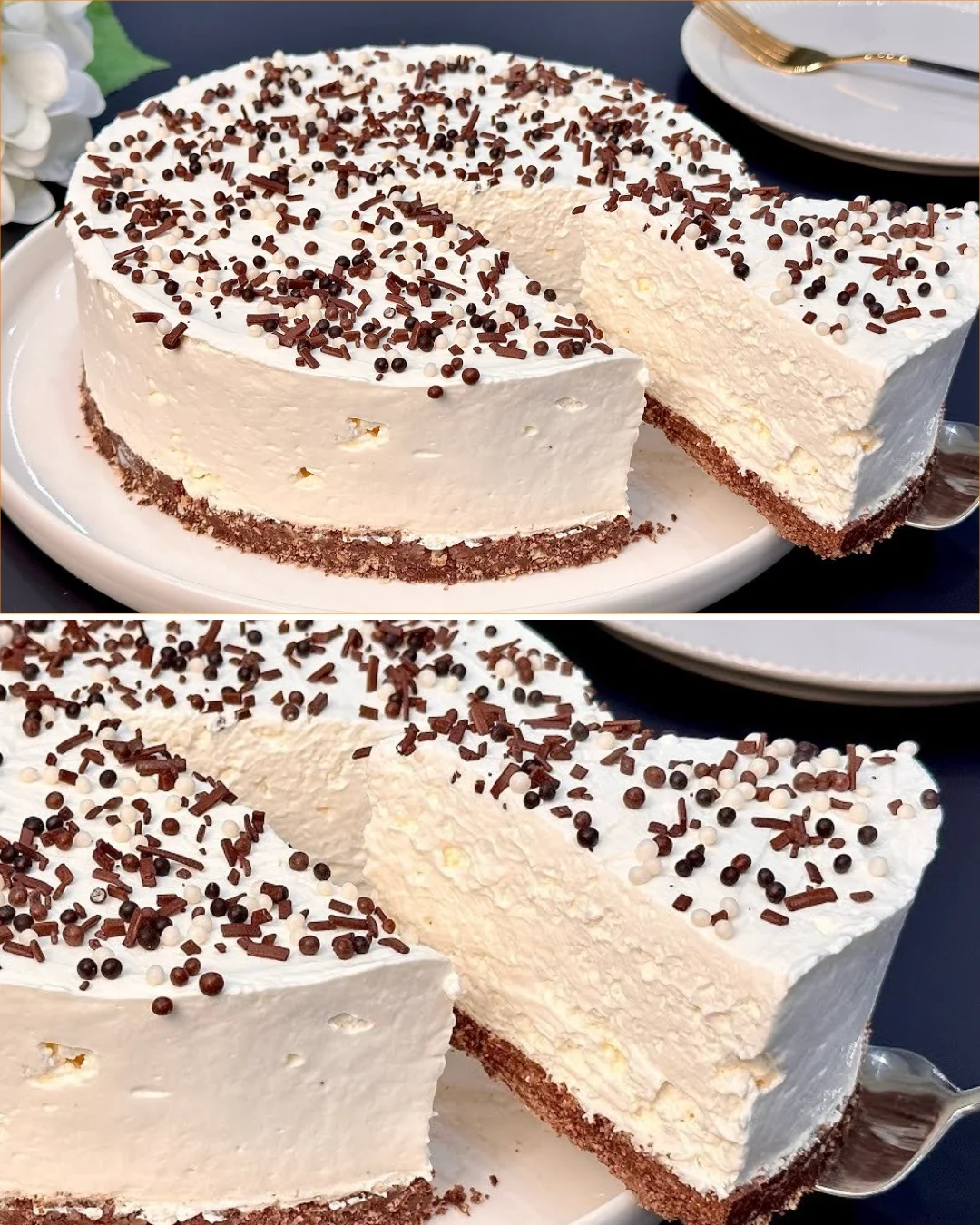 Slice of delicious no-bake cake with chocolate and fruit toppings