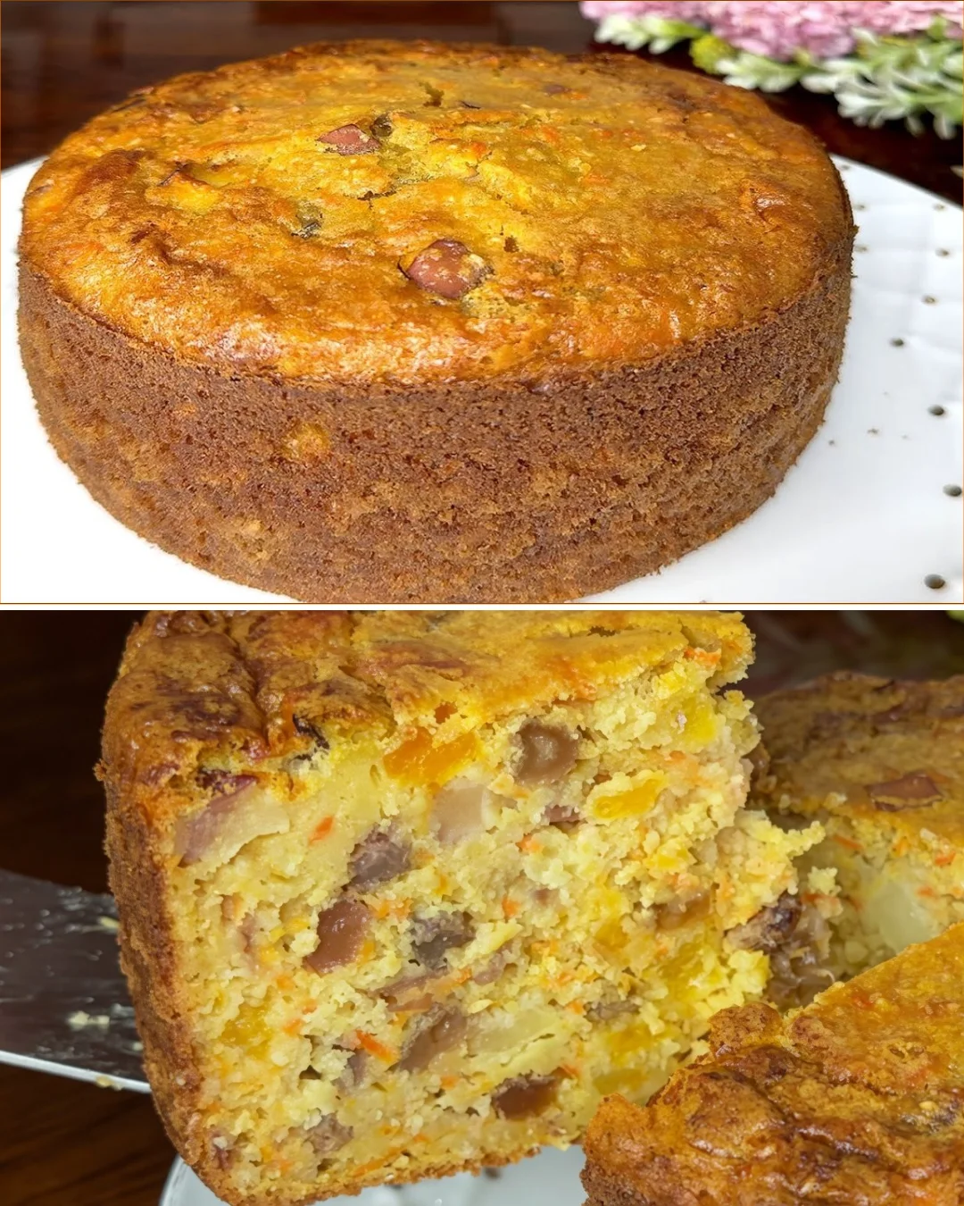 A slice of healthy cake topped with fresh fruit and a sprinkle of nuts