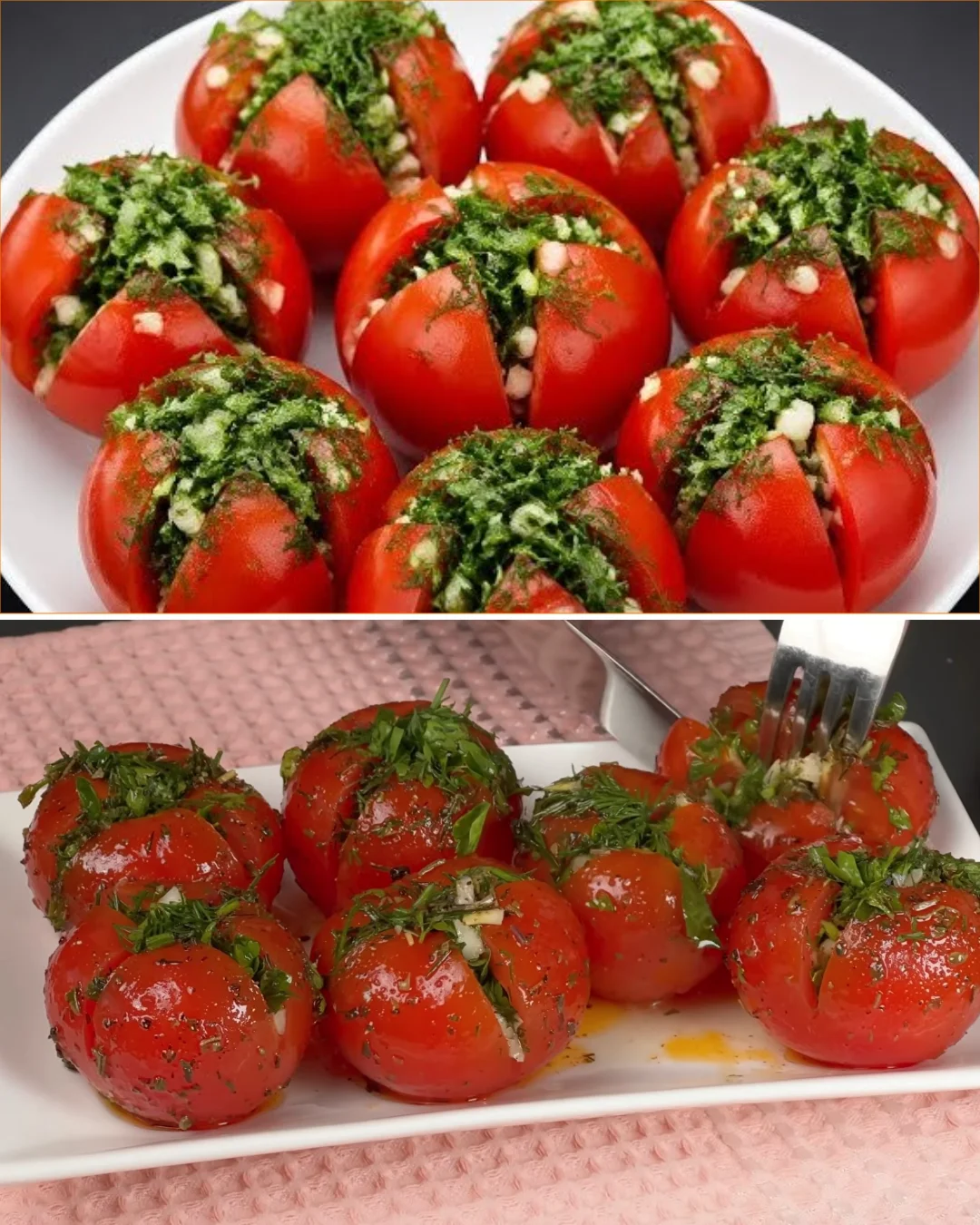 Herb-garlic stuffed tomatoes marinated for added flavor