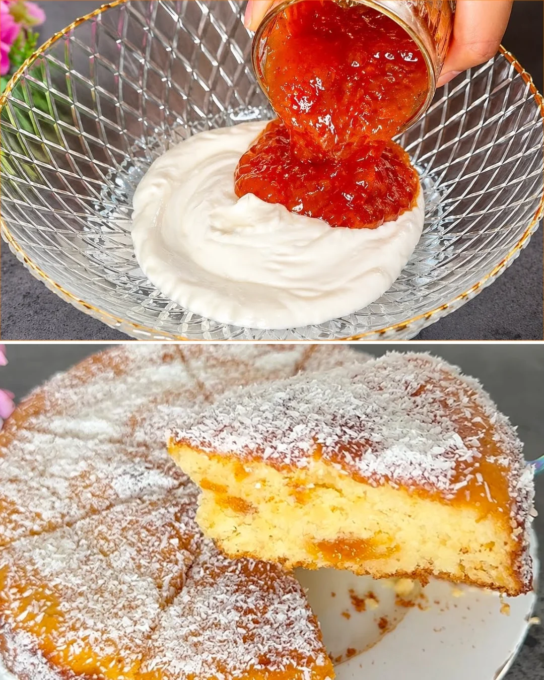 Slice of easy yogurt cake with jam swirl on a plate