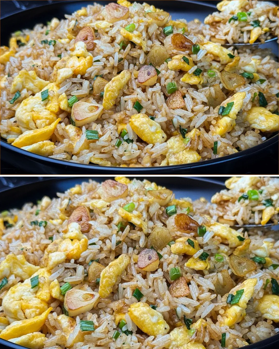 Plate of Garlic Butter Fried Rice topped with green onions and sesame seeds