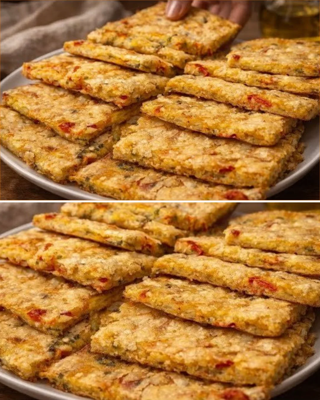 Grated potato and pepper frittata served on a white plate with herbs.