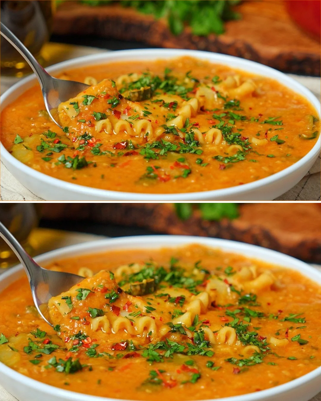 Bowl of creamy and thick red lentil soup, garnished and ready to serve.