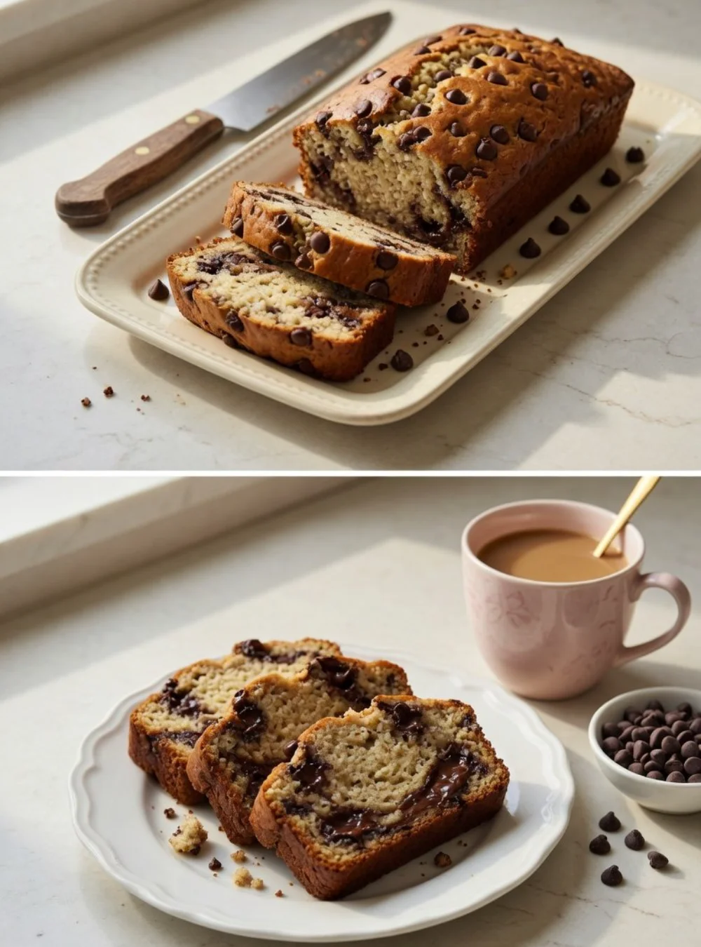 Sliced high-protein peanut butter banana bread on a wooden board