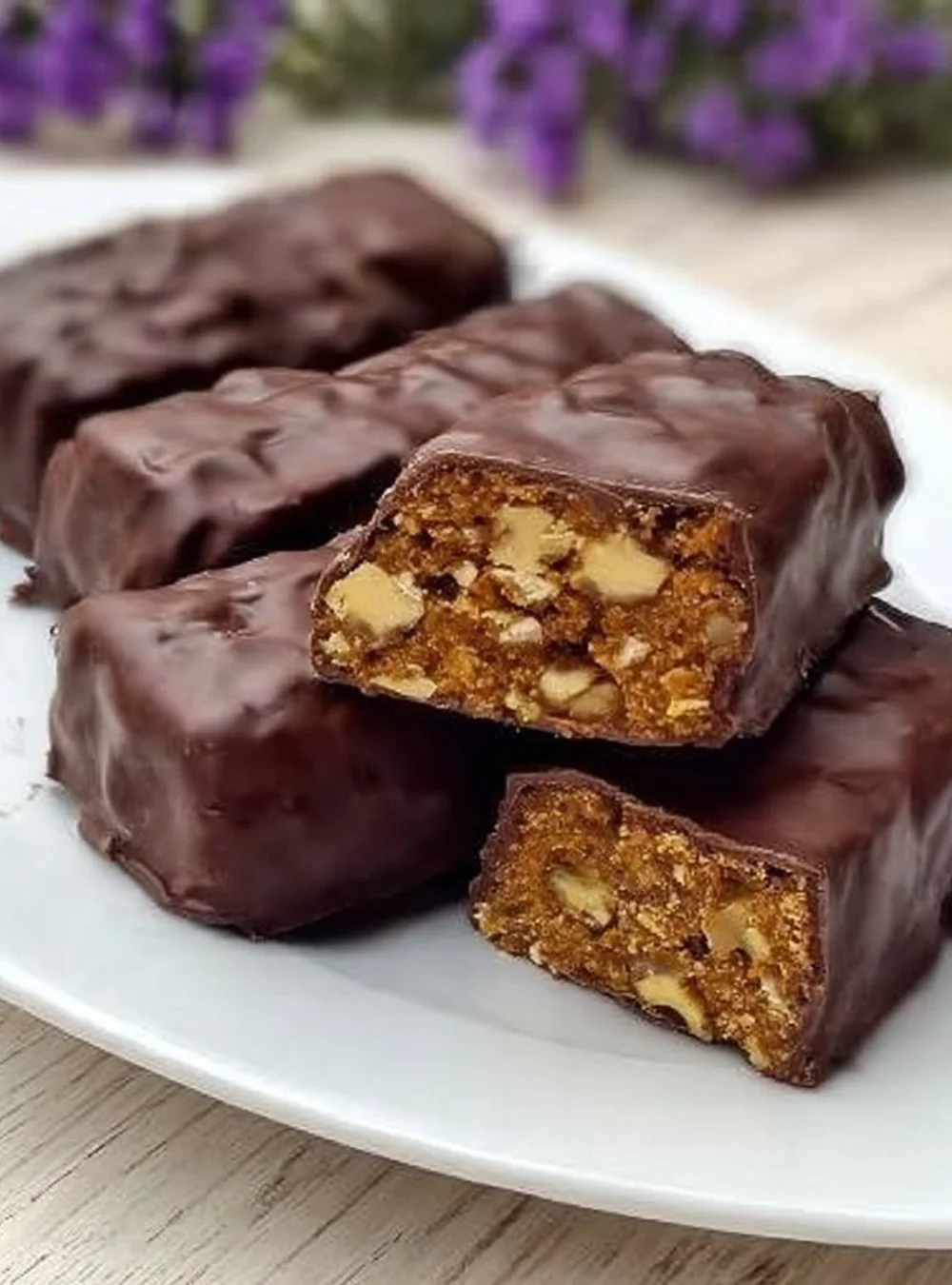 Homemade sugar-free Snickers bars topped with chocolate and nuts