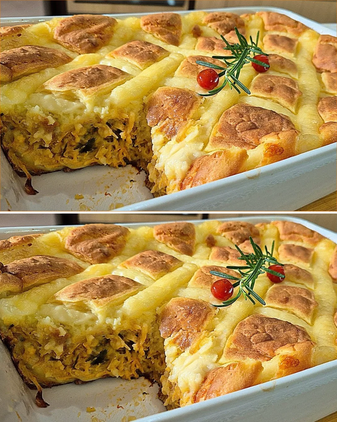 Creamy gluten-free chicken pie served on a rustic wooden table