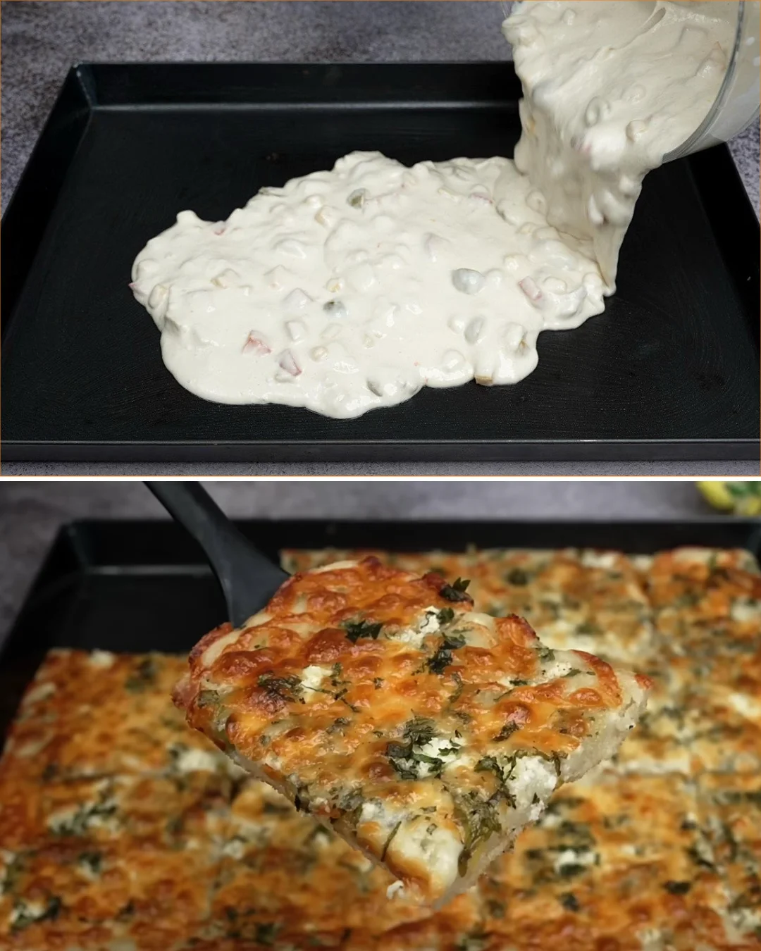 Homemade no-knead liquid-dough pizza topped with fresh ingredients.