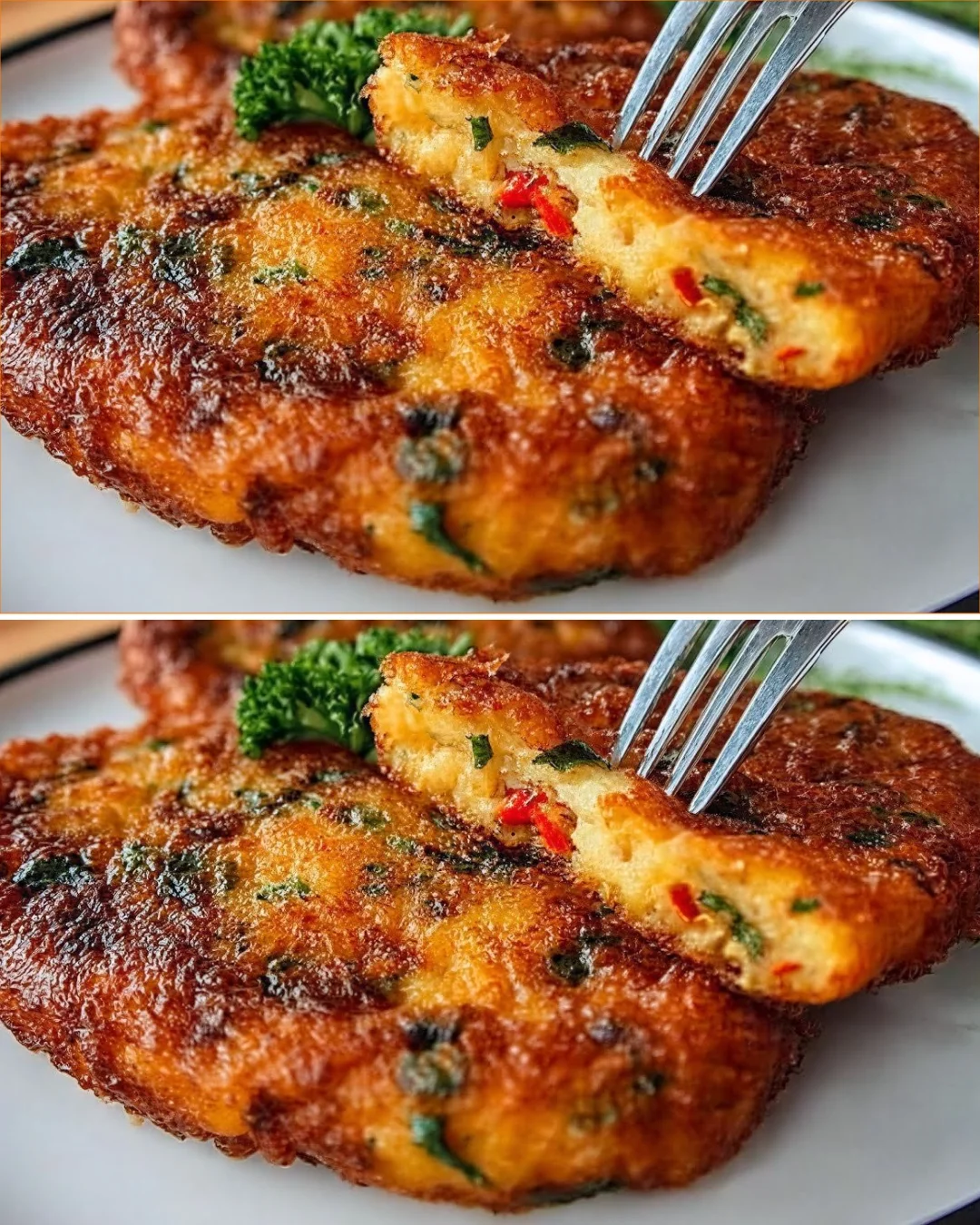 Crispy potato schnitzel served with herbs and lemon wedges