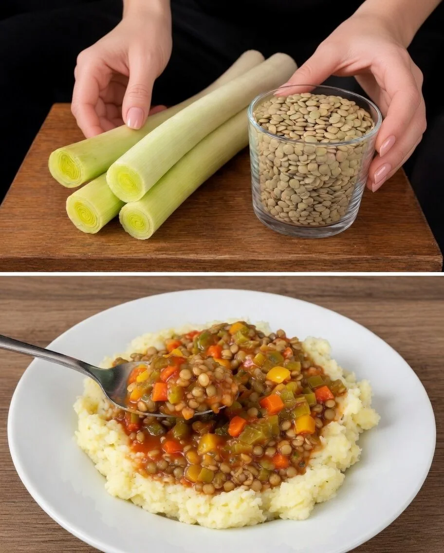 Healthy dish with leeks and lentils served in a bowl