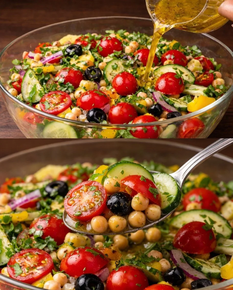 Quick Mediterranean Chickpea Salad with fresh vegetables and herbs
